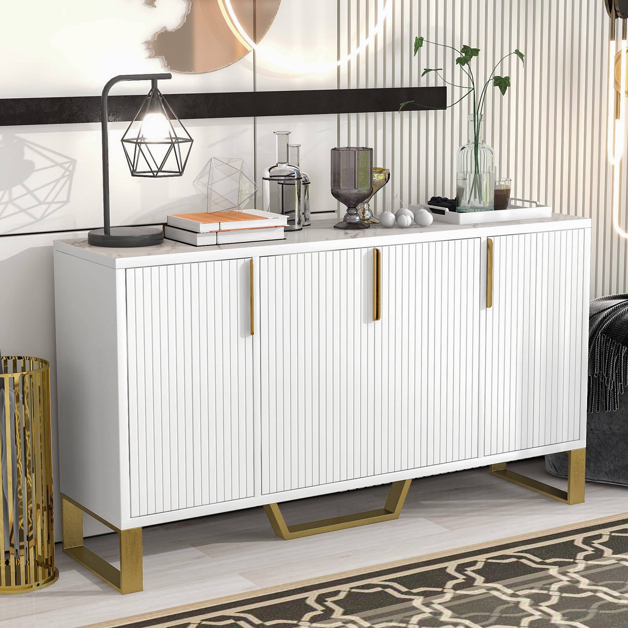 Luxury 4-Door Buffet Sideboard Cabinet with Adjustable Shelves - Freestanding Storage Furniture with Metal Handles & Legs for Dining Room, Living Room & Entryway - Perfect for Home Organization & Entertaining (White)