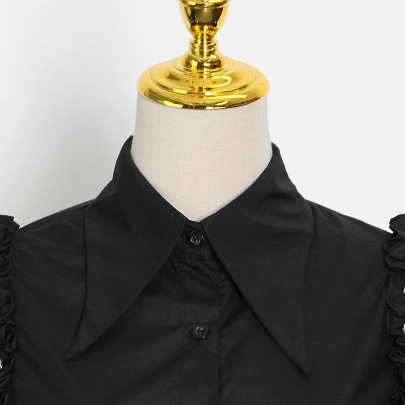Stylish Black Casual Shirt for Women - Lapel Lantern Sleeve Patchwork Diamond Design Blouse | Perfect for Office, Dating & Everyday Wear