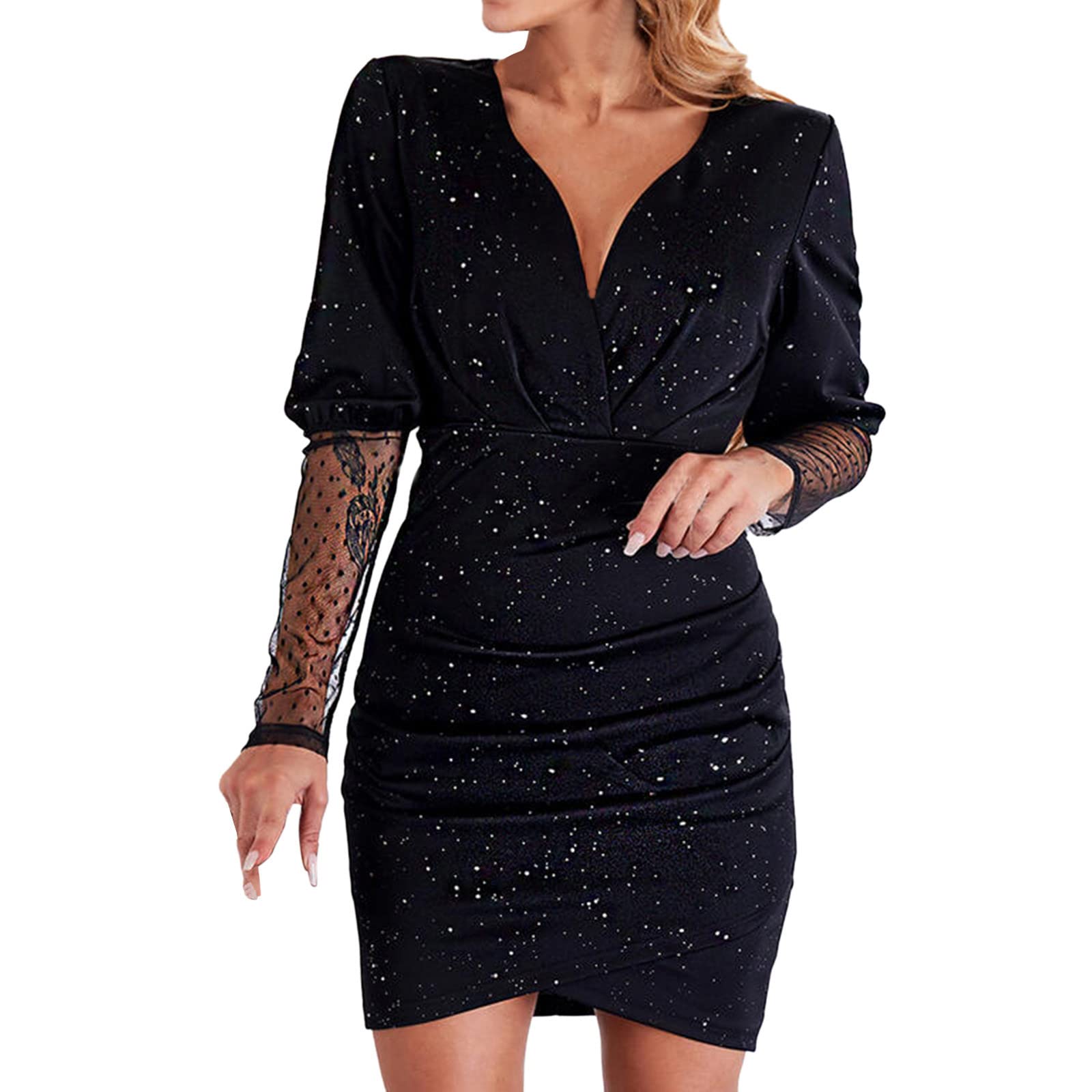 Ticcoy Women's Sexy V-Neck Glitter Bodycon Dress - Elegant Mesh Long Sleeve Ruched Mini Dress for Party, Cocktail, Night Out & Special Occasions