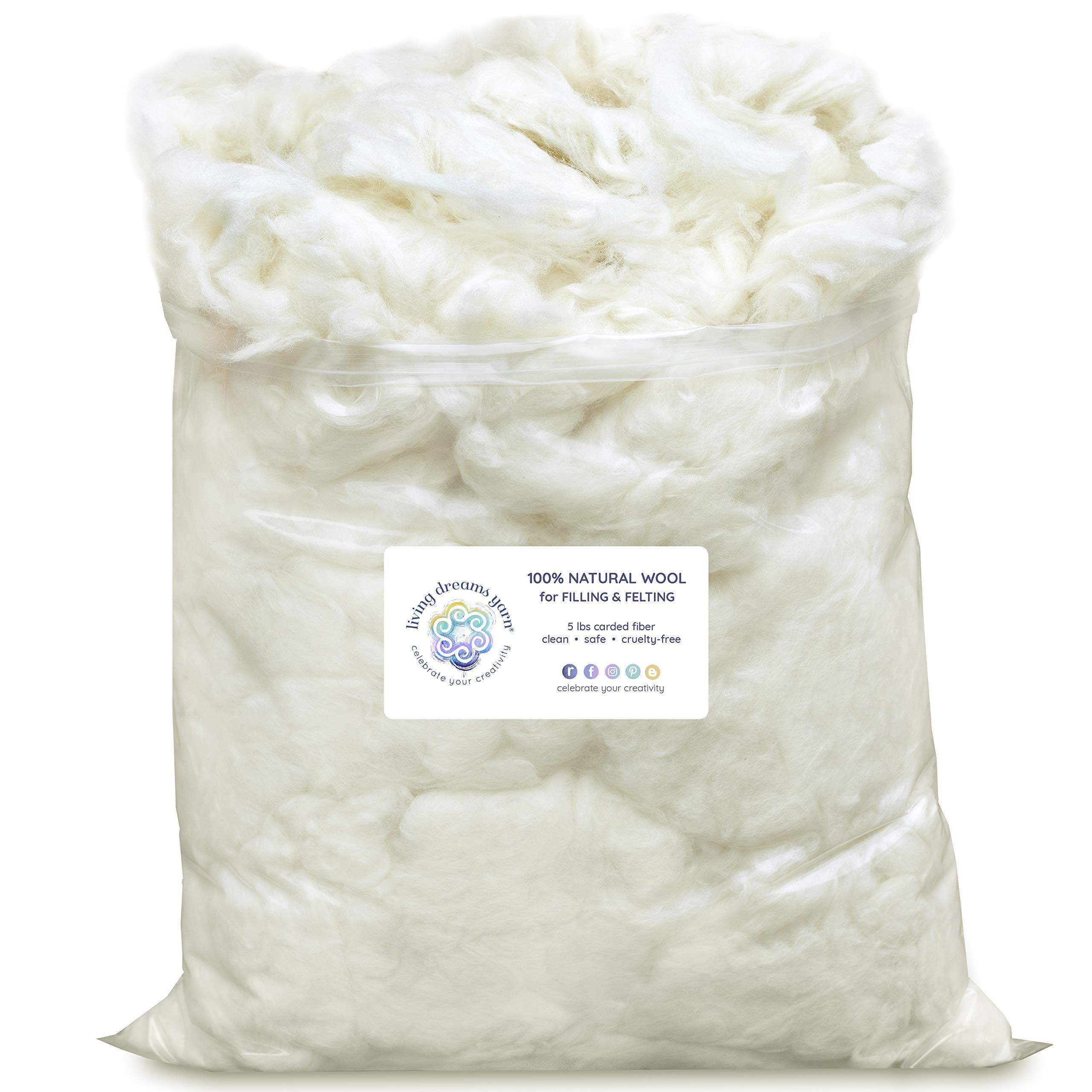 Premium Core Wool for Needle Felting & Amigurumi - 5LB Natural White Wool Stuffing for DIY Toys, Pillows, Stuffed Animals & Dryer Balls | Super Clean Wool Filler for Crafting, Home Decor & Gift Making