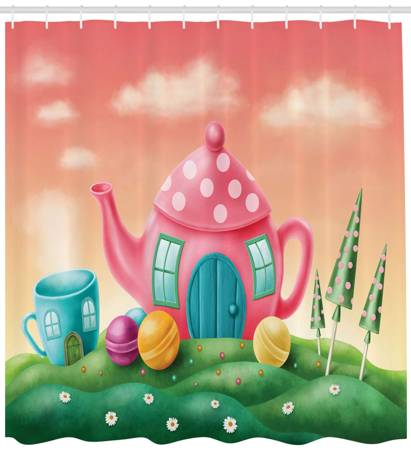 Ambesonne Fantasy Shower Curtain - Polka Dot Teapot & Coffee Cup Design with Lollipops, 69x70 Inch Waterproof Fabric Bathroom Decor Set with Hooks, Fern Green & Coral - Perfect for Kids' Bathroom, Whimsical Home Decor, Unique Gift Idea