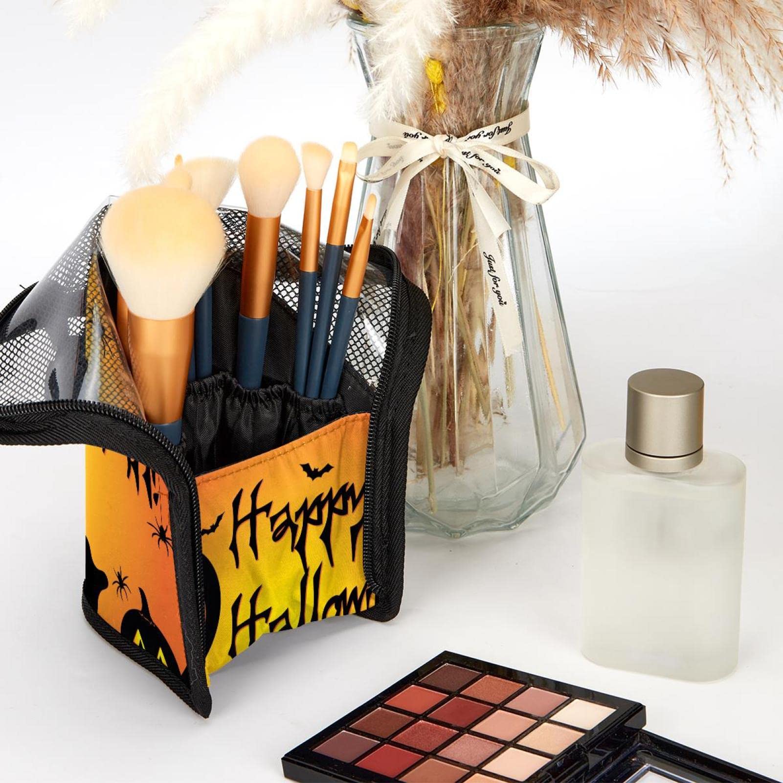 12-Piece Makeup Brush Organizer Bag with Portable Holder Case - Perfect for Halloween Pumpkin Makeup & Travel Storage