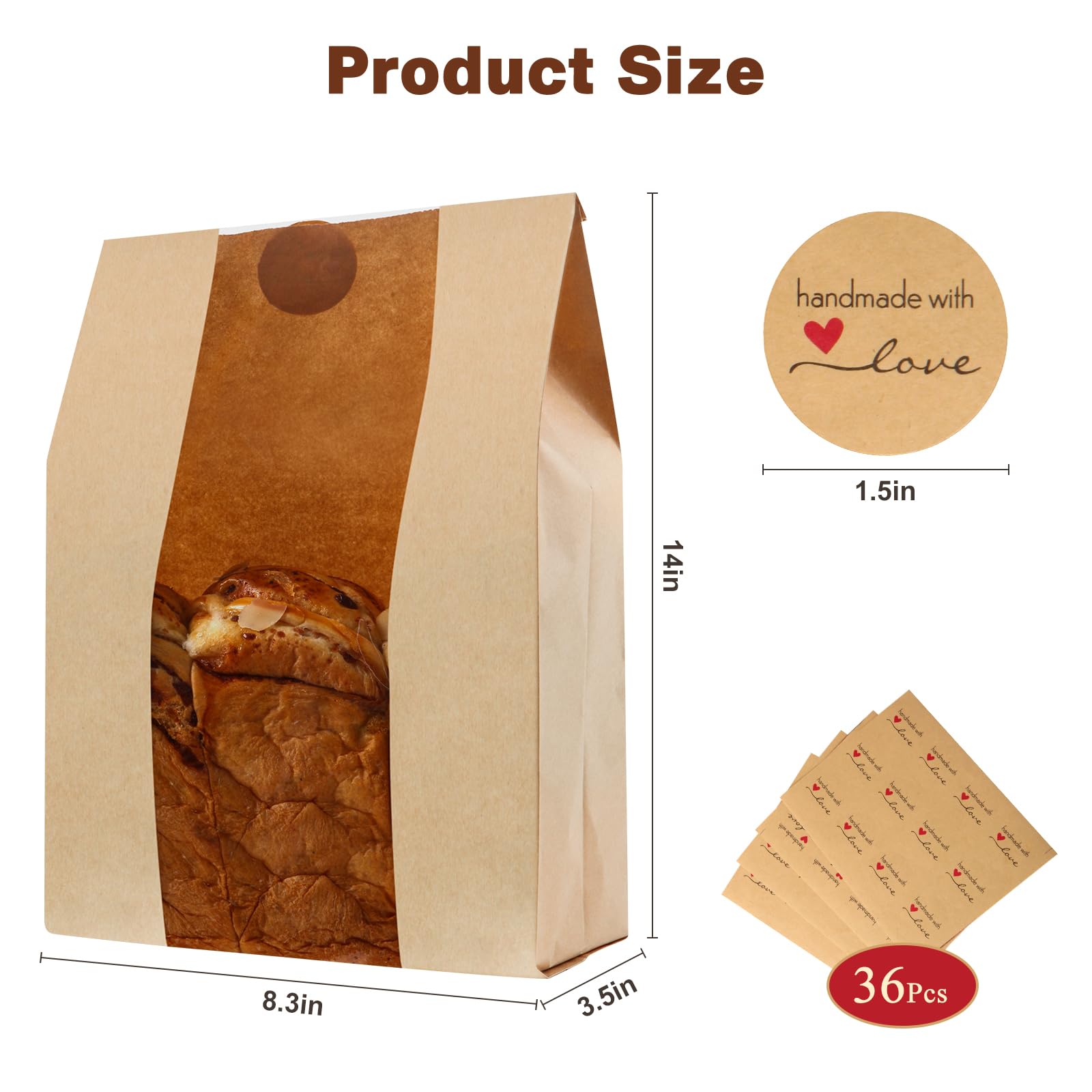 60 Pack Bread Bags for Homemade Bread - 50% Thicker Sourdough Kraft Paper Bags with Clear Window | Reusable Bread Storage for Baked Goods, Pastries & Cookies | Includes Label Seal Stickers (14