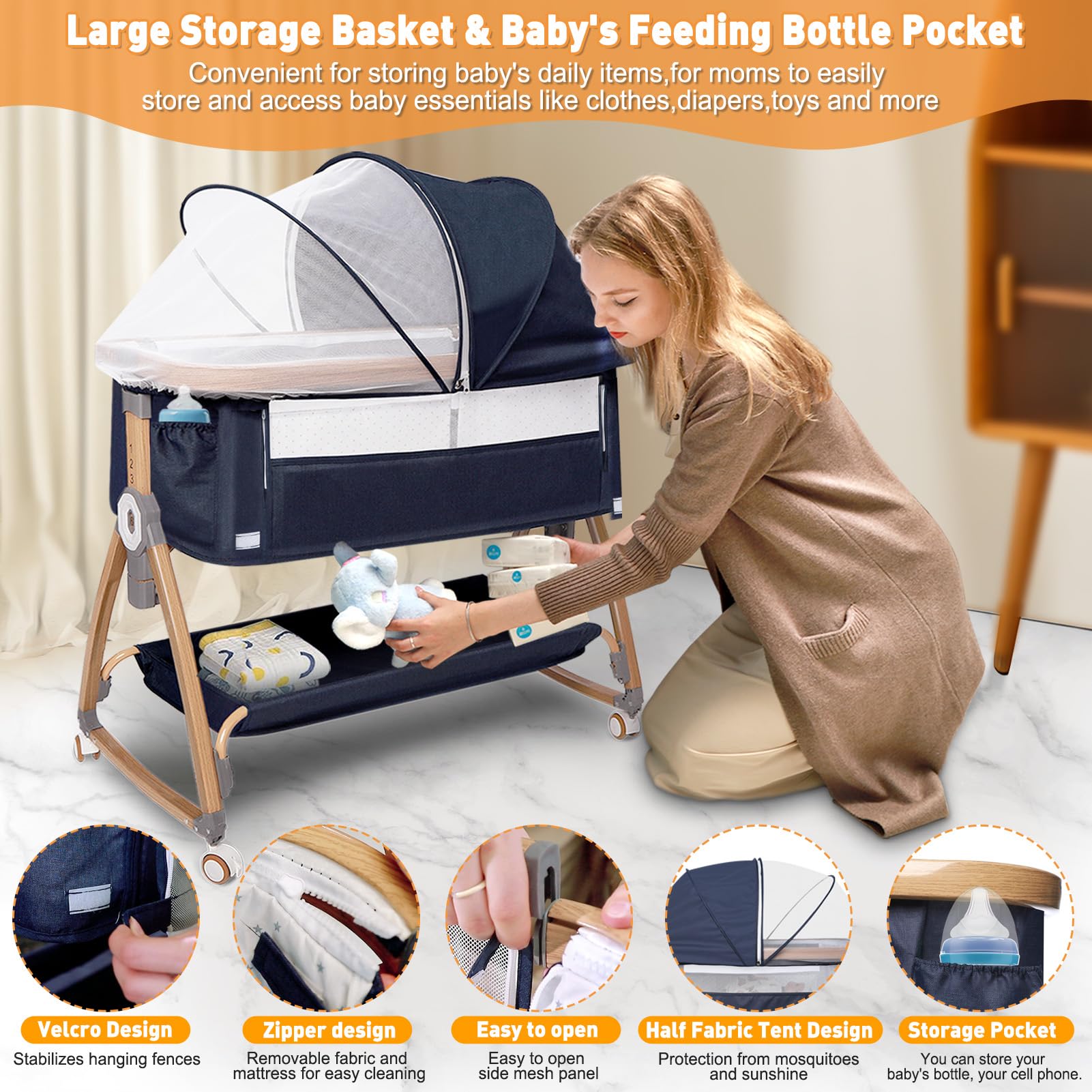 3-in-1 Adjustable Baby Bassinet Bedside Sleeper with Breathable Mesh, Comfortable Mattress & Wheels - Portable Folding Crib for Newborns, 6 Height Settings, Easy Assembly - Perfect for Nursery, Bedroom Co-Sleeping & Travel