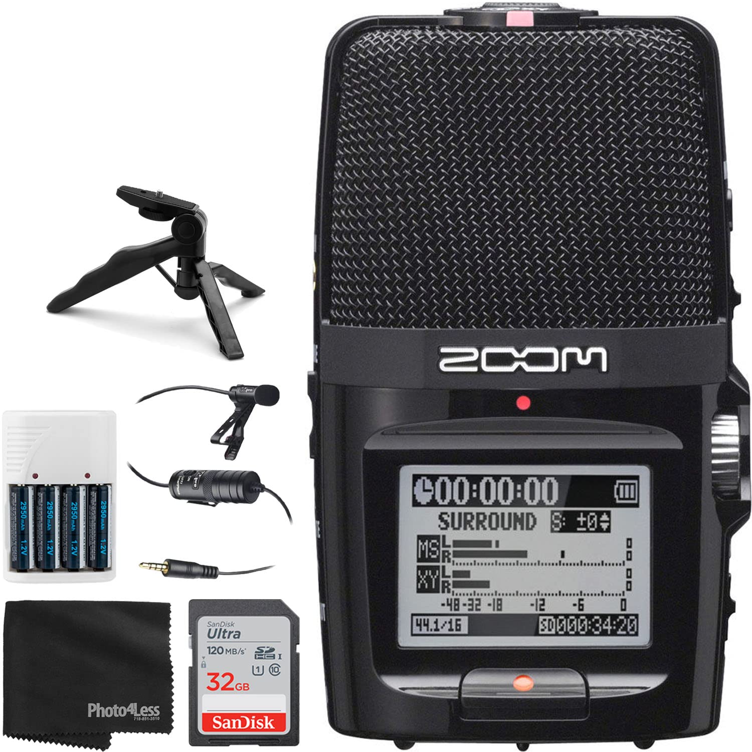 **Zoom H2n 2-Input / 4-Track Portable Handy Recorder with Onboard 5-Mic Array – Includes SanDisk 32GB Memory Card, Lavalier Mic, Batteries, Charger & Tabletop Tripod – Perfect for Podcasting, Interviews & Field Recording**