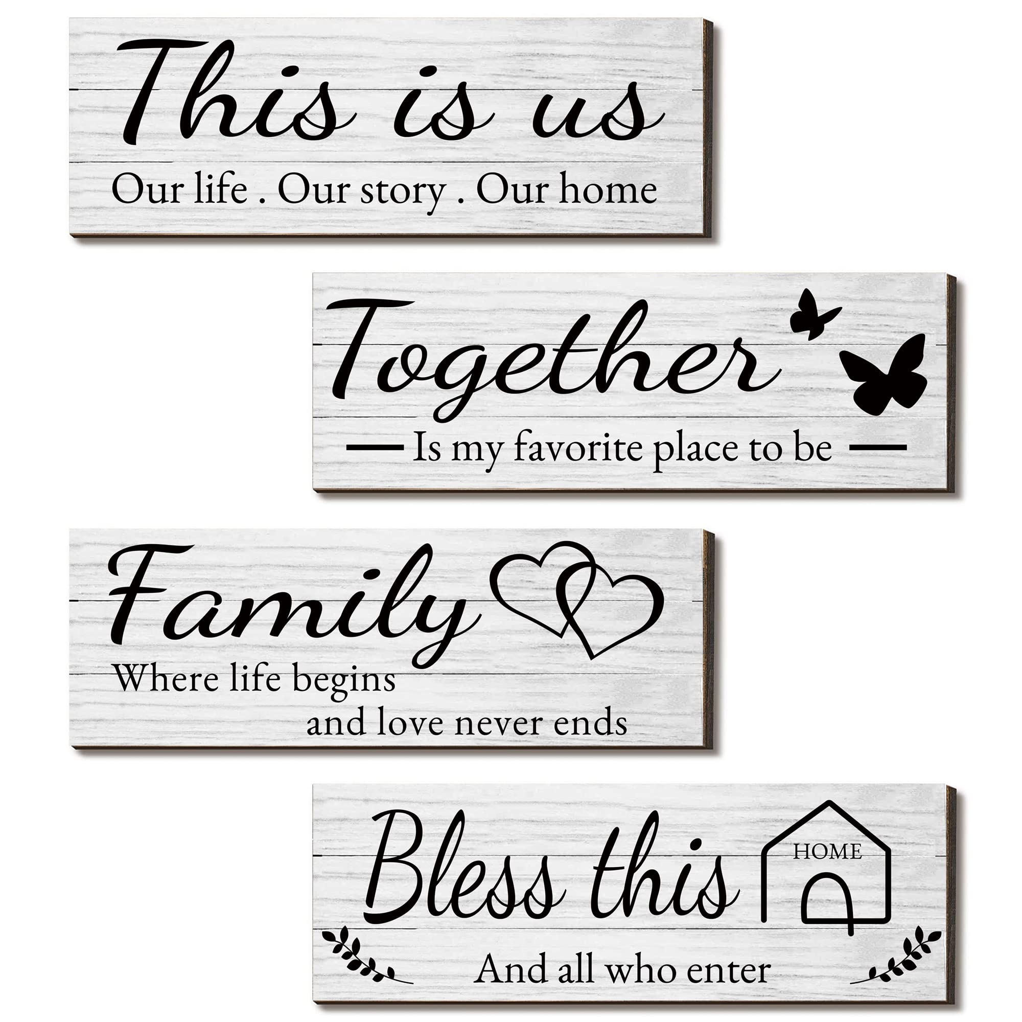 4-Piece Rustic Farmhouse Wooden Wall Art Decor Set - THIS IS US, TOGETHER, BLESS THIS HOME, FAMILY Signs for Living Room & Bedroom, 4.7 x 13.8 Inch (White) - Perfect for Home Decor, Housewarming Gifts & Farmhouse Style Interiors