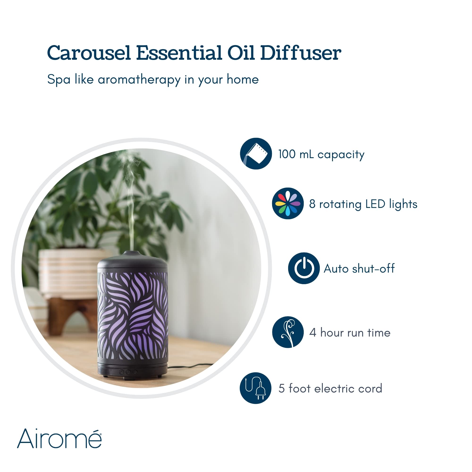 Airome Rotating 100mL Ultrasonic Essential Oil Diffuser with LED Light - 360° Carousel Rotation, Black Metal Wild Palm Design | Aromatherapy for Home, Office, Yoga & Spa Relaxation