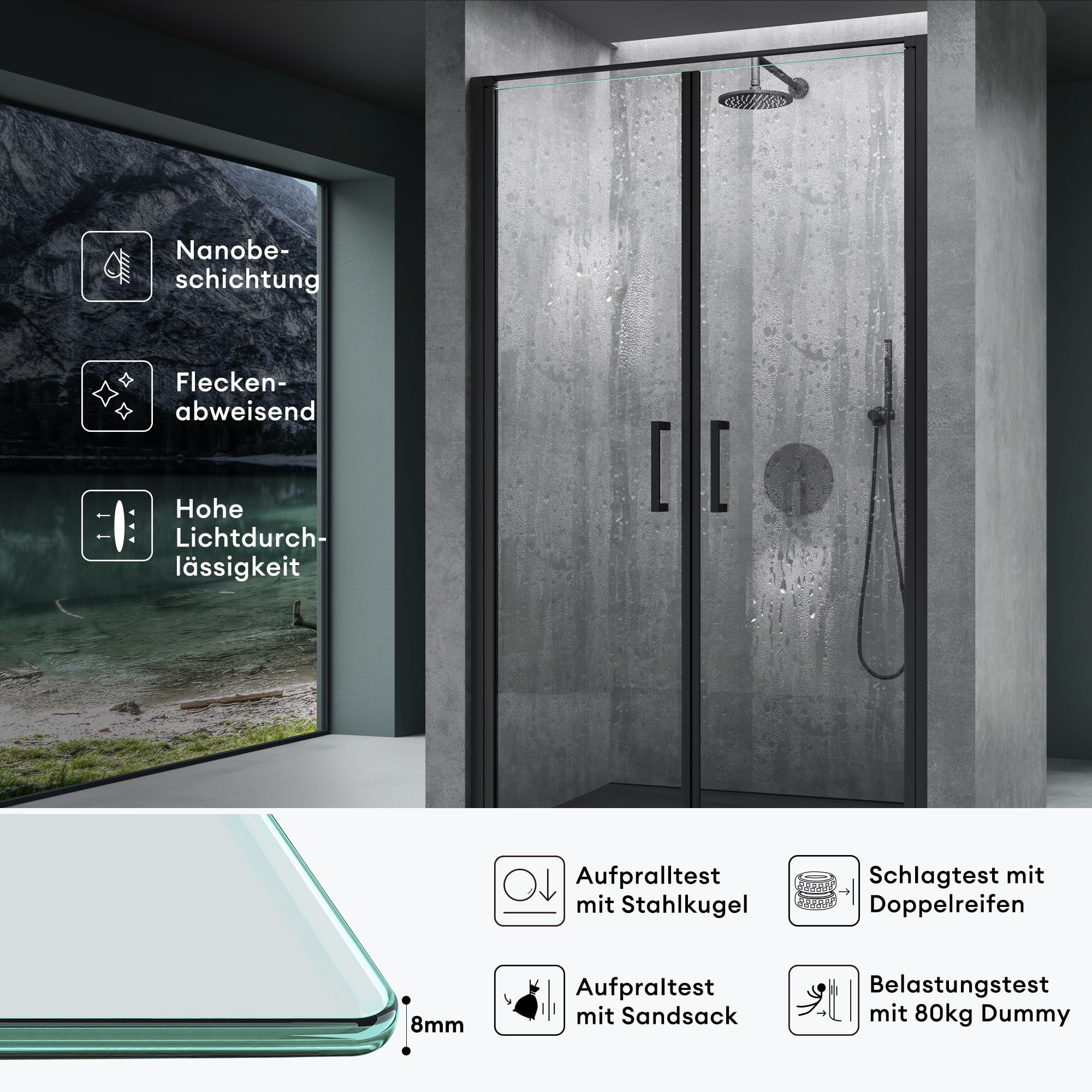 Mai & Mai 120x195cm Shower Enclosure, Black Frameless Glass Walk-In Shower Cabin with Folding Doors & Rotating Lift System - Perfect for Modern Bathrooms & Spa-Like Showers