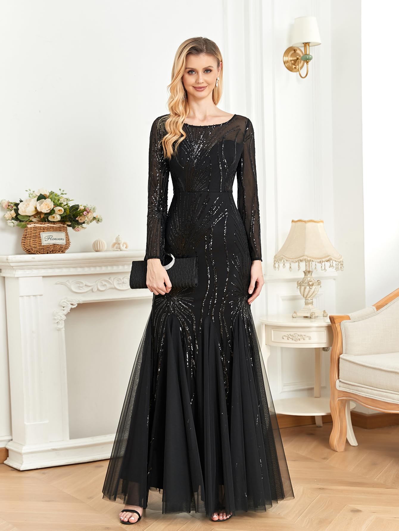 Elegant Long Sleeve Sequin Evening Dress - Sparkly Glitter Mermaid Gown for Wedding Guest, Mother of The Bride & Special Occasions | Perfect for Black Tie Events, Galas & Formal Parties