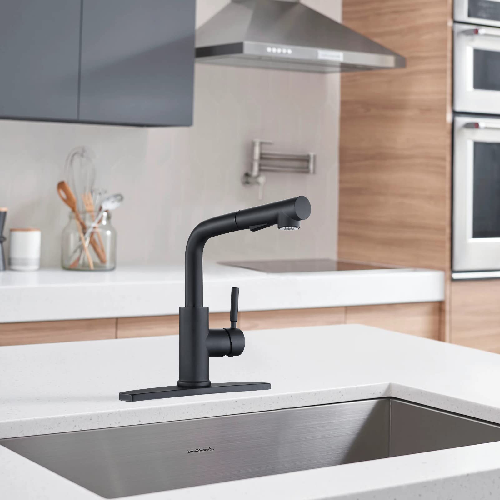 Modern Matte Black Kitchen Sink Faucet with Pull Down Sprayer, Single Lever Low Profile Design, Ideal for Small Spaces and Contemporary Kitchens