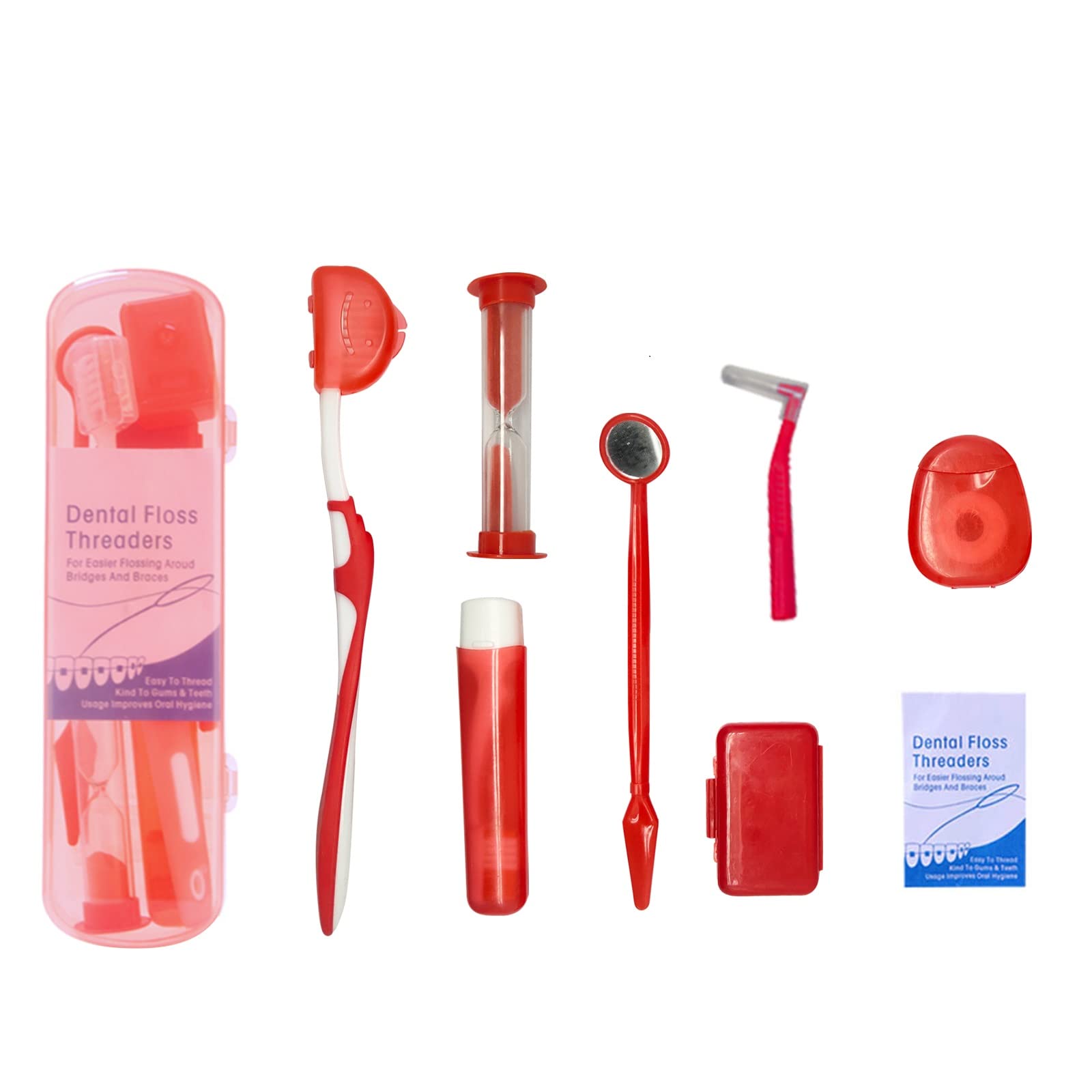 Portable Orthodontic Care Kit for Braces - 8-Piece Travel Dental Kit with Toothbrush, Interdental Brush, Dental Wax & Floss | Perfect for Braces Wearers On-The-Go, School, Work & Travel (Red)