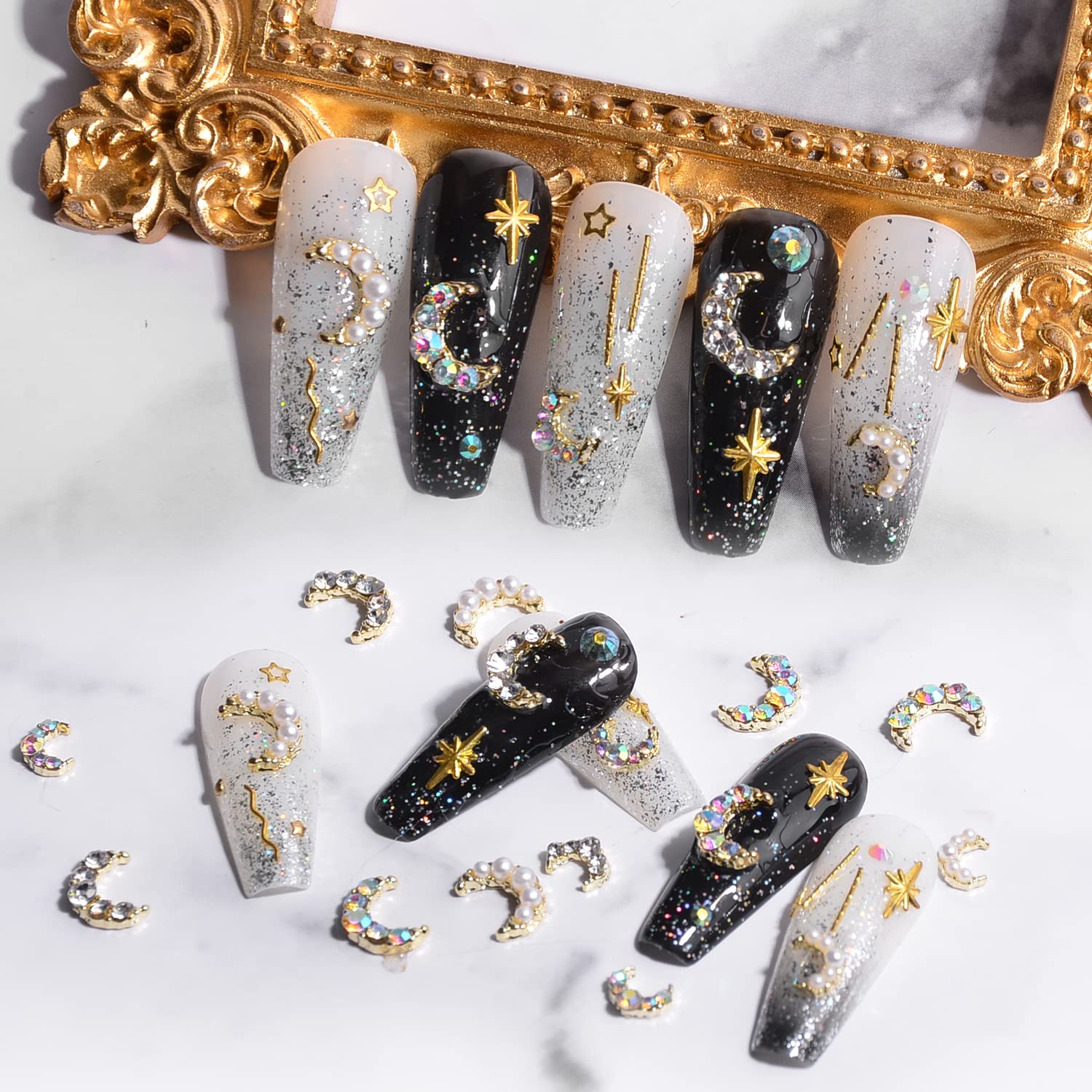 60 Pcs Moon Nail Charms - Shining Gold Nail Rhinestones with Moon Diamond Gem Pearl, Crystals Nail Studs for DIY Nail Art & Jewelry Making - Perfect for Manicures, Nail Decorations & Crafting (Includes Storage Box)