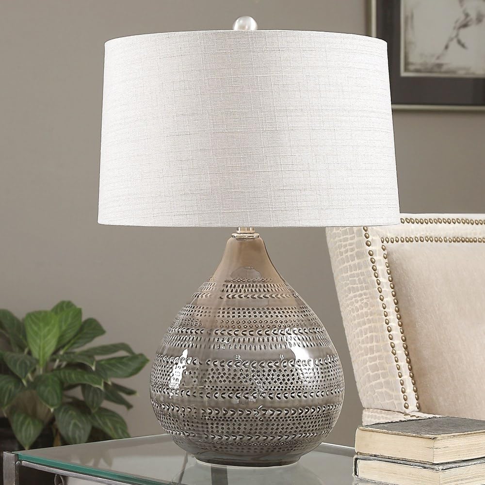 Textured Smoke Gray Table Lamp with Beige Linen Tapered Shade - 3-Way Switch Lighting for Bedroom, Living Room & Office Decor