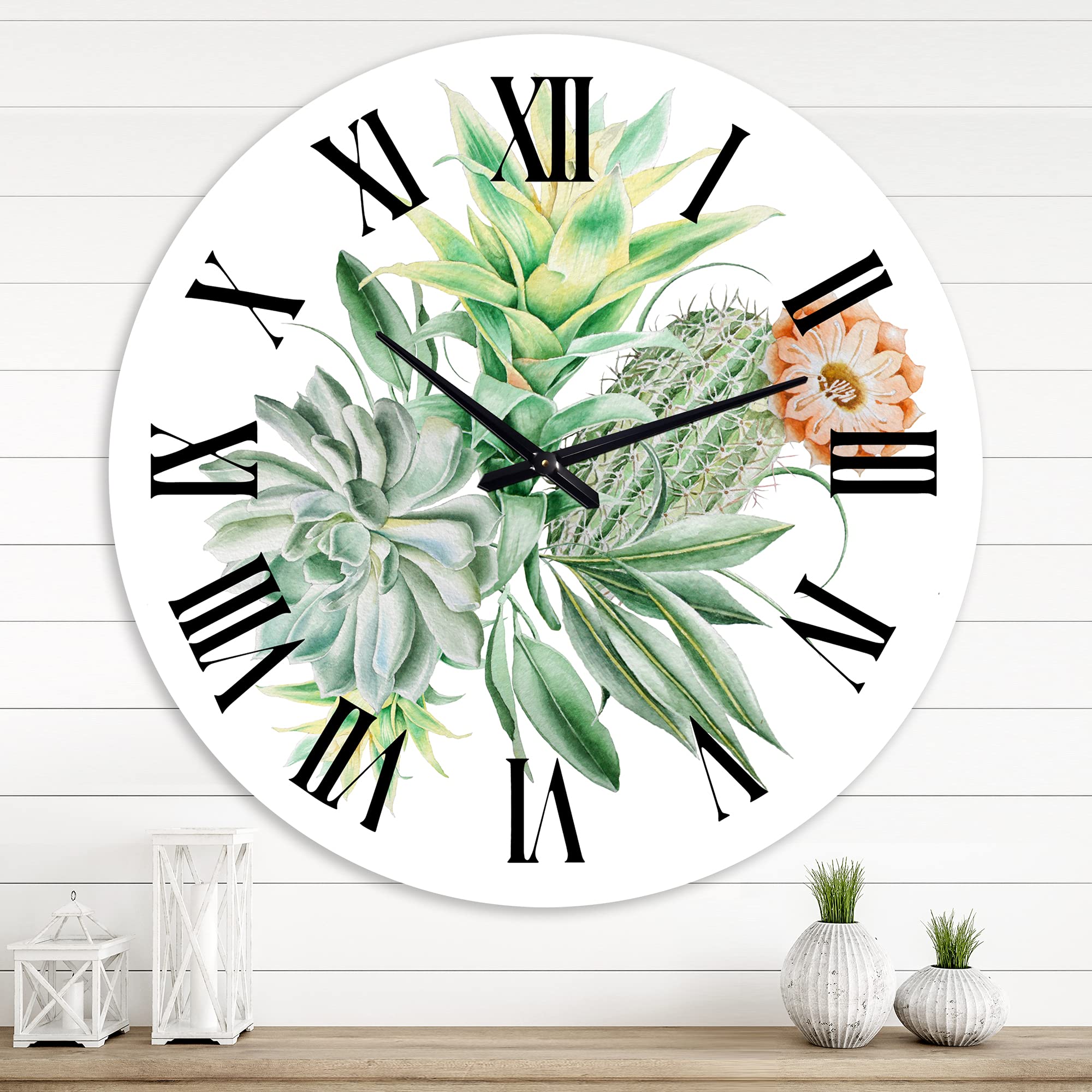 Bouquet with Cactus and Succulents Wall Clock - Large Floral Botanical Wall Decor for Home, Office & Living Room | Silent Non-Ticking Modern Clock