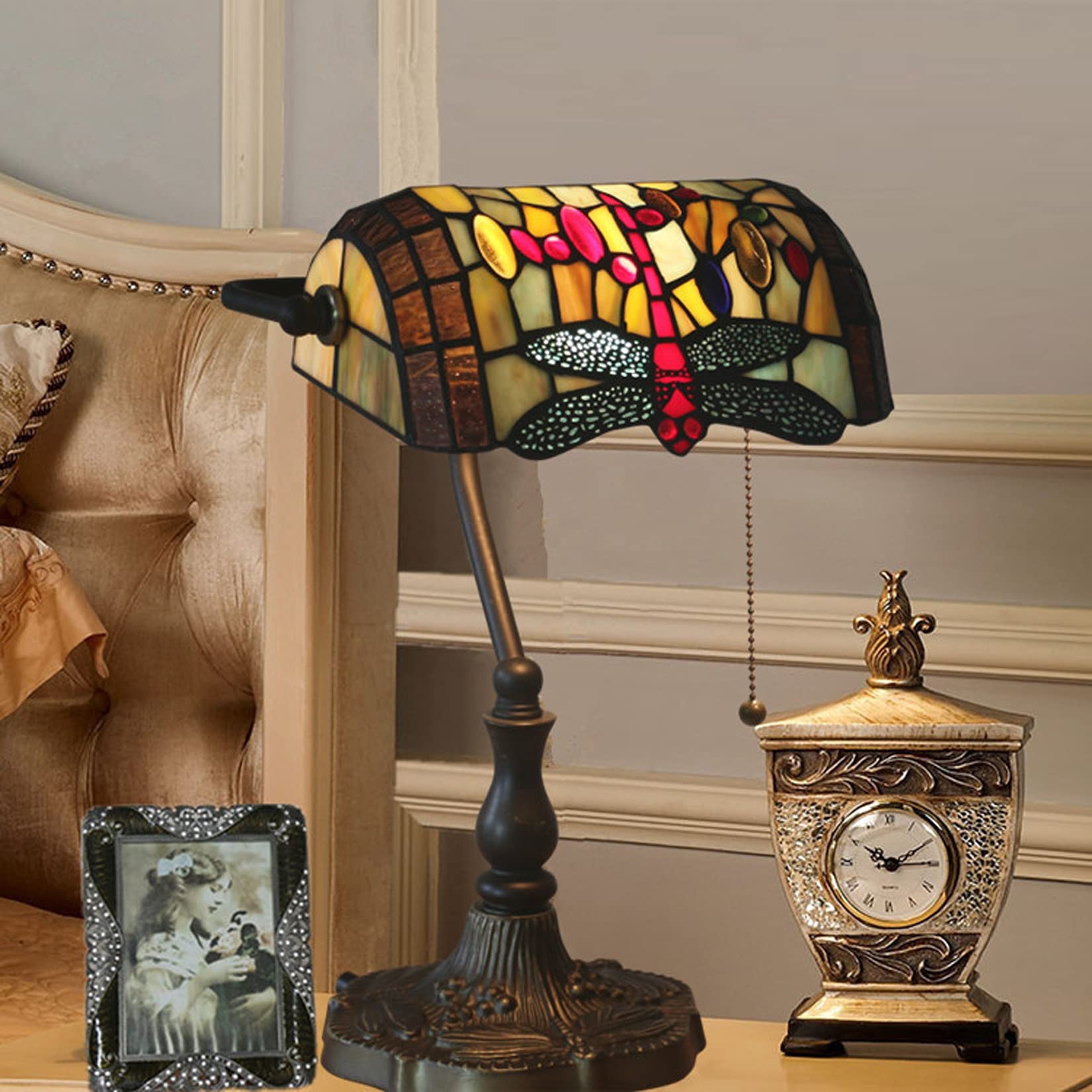 Vintage Tiffany Style Bankers Table Lamp - Stained Glass Piano Desk Lamp with Antique Alloy Base & Zipper Switch - Dragonfly Design for Bedroom, Study, Office & Living Room Lighting