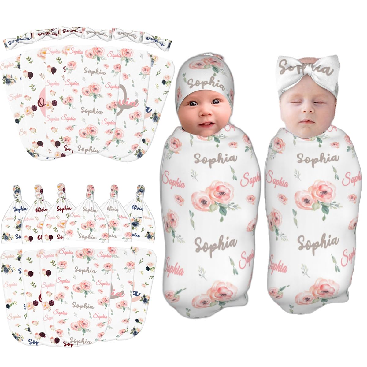 Personalized Baby Blankets with Hat for Girls & Boys - Custom Name Embroidered Swaddle Blanket for Newborn Gifts, Baby Shower, Christening & Nursery Decor