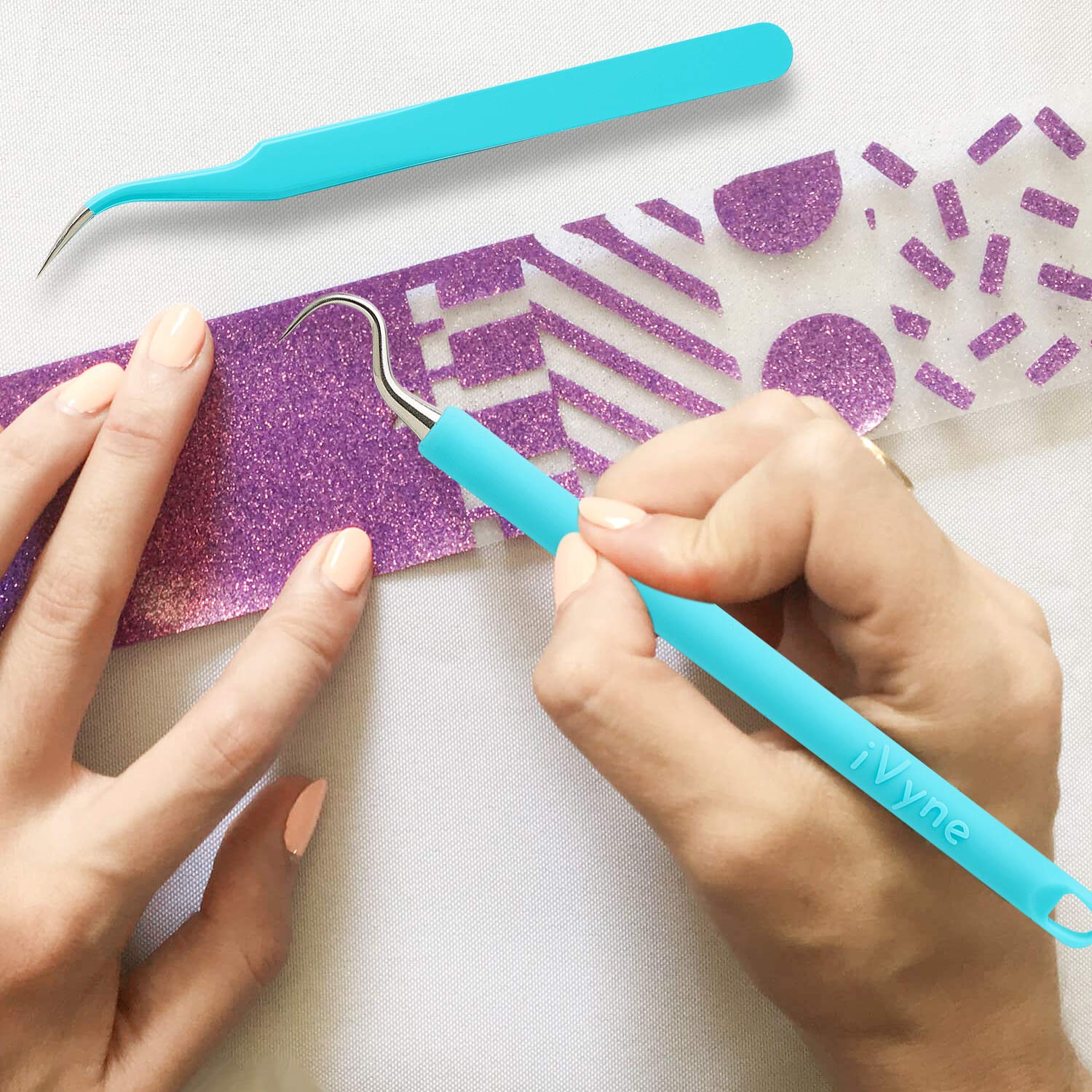 iVyne 2-Piece Silicone Weeding Tool Set for Cricut Vinyl - Includes Crafting Tweezers & Vinyl Weeder - Perfect for Silhouette Cameo, HTV, Adhesive Vinyl Projects - Great for DIY Crafts, Decals, T-Shirt Designs & Home Decor (Blue)