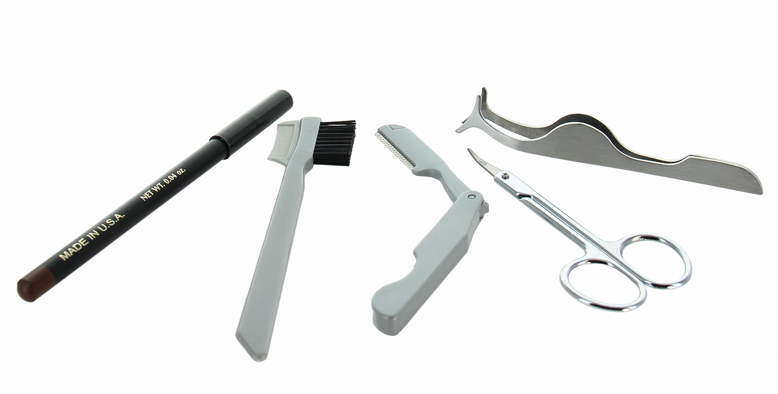 Premium Professional Eyebrow & Eyelash Beauty Kit - 5 Piece Set (Gray) for Salon, Home Use & Travel - Tweezers, Scissors, Brushes & More
