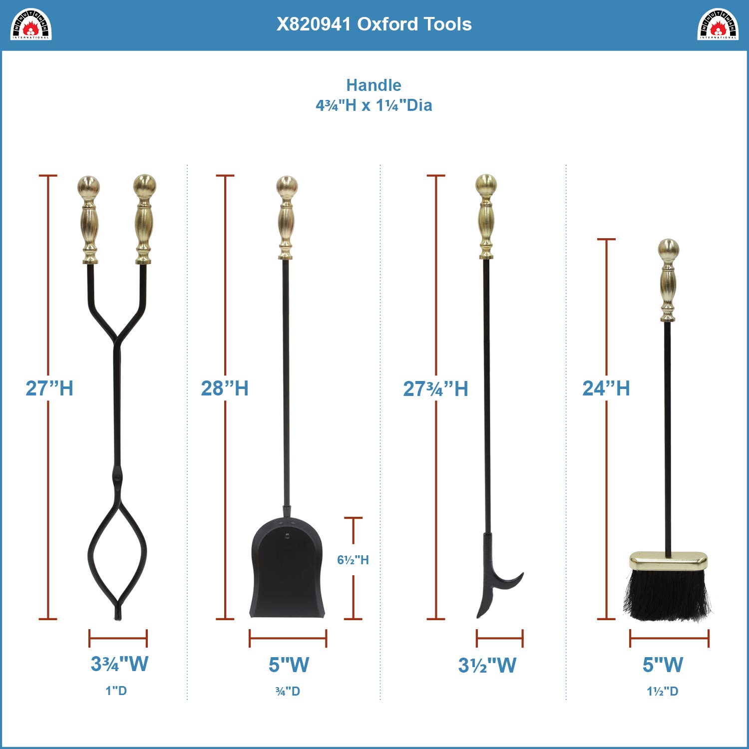 Premium Oxford 5-Piece Fireplace Tool Set - Polished Brass & Black Finish - Heavy Duty Fireplace Accessories for Wood Burning Stoves, Fire Pits & Home Decor