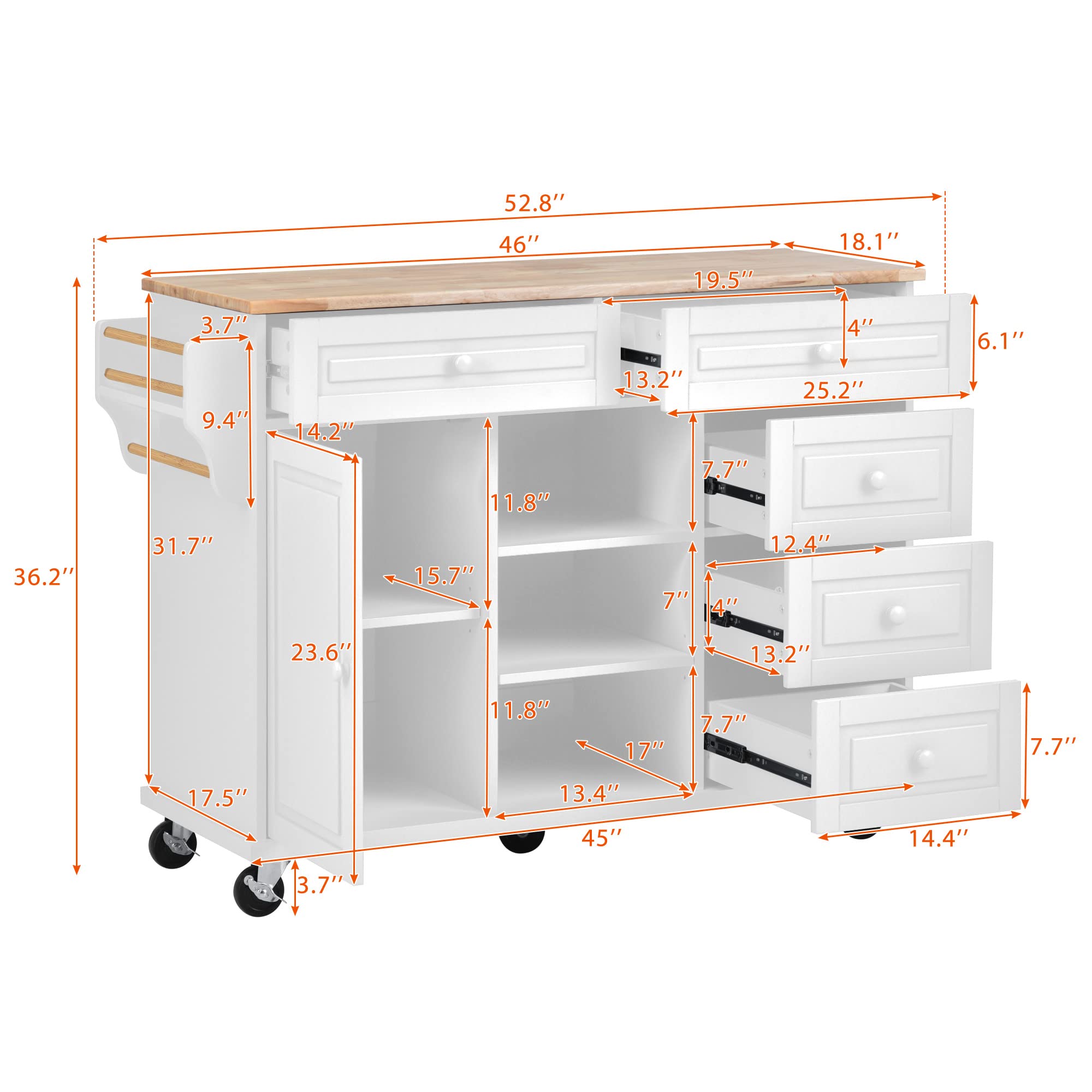 White Kitchen Island Cart with Wheels - 5 Drawers & Shelves for Kitchen & Living Room Storage