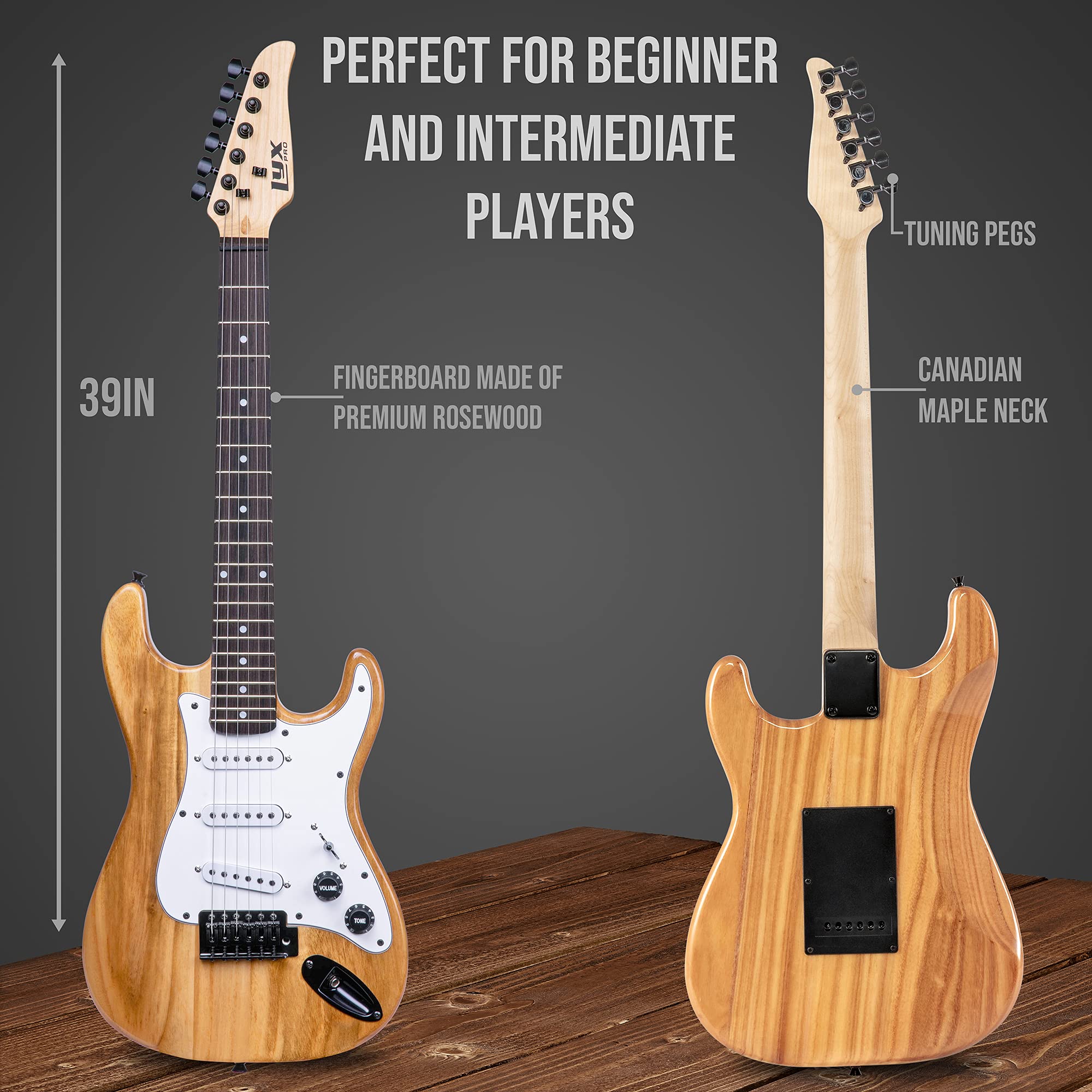 LyxPro 36 Inch 3/4 Size Electric Guitar Kit for Beginners - Natural Finish with Amp, Digital Tuner, Gig Bag, Strap & Accessories | Perfect for Kids & Teens Learning Guitar at Home, School or Music Lessons