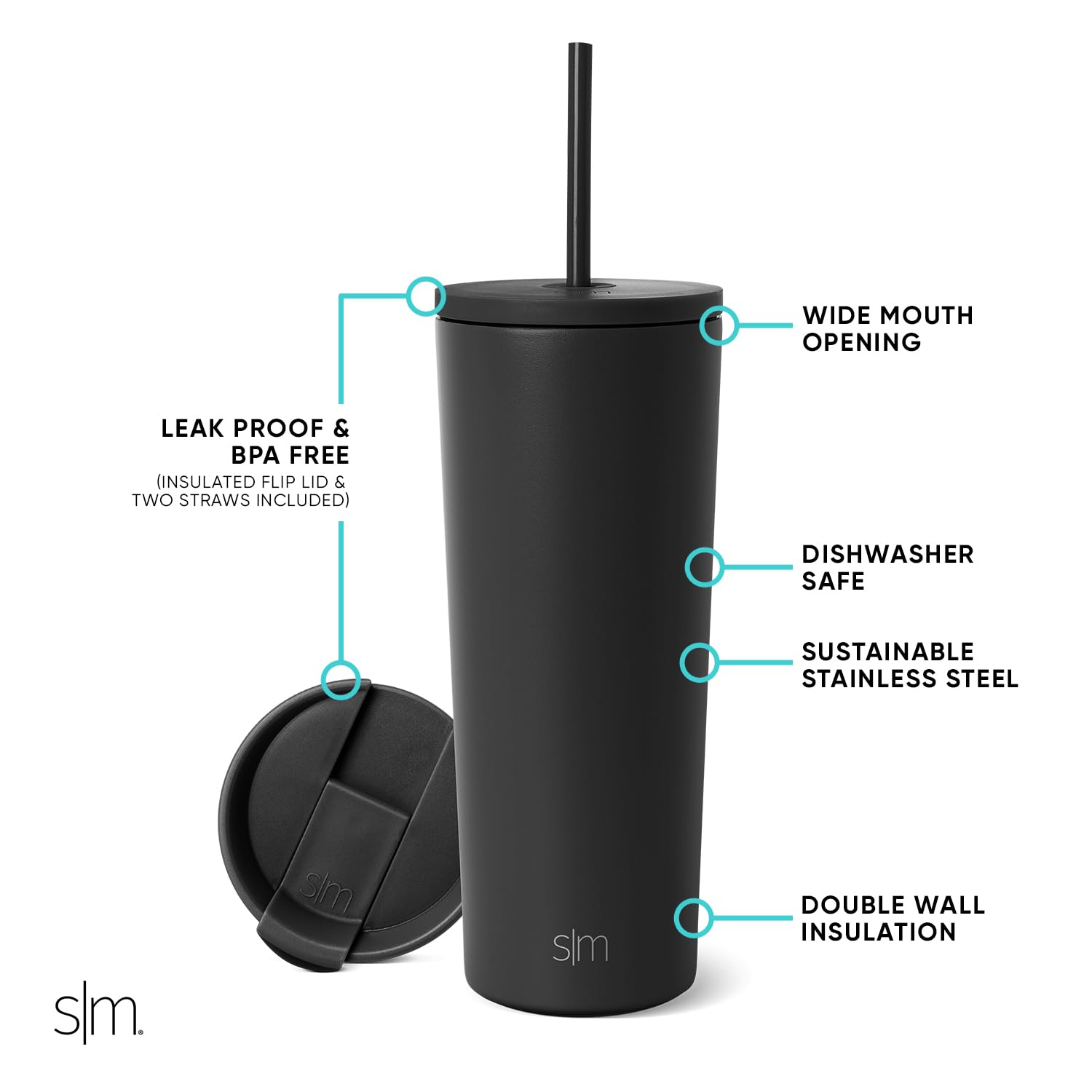 Simple Modern 24oz Insulated Stainless Steel Tumbler with Lid & Straw - Reusable Travel Mug for Iced Coffee & Cold Drinks - Leakproof Water Bottle for Office, Gym, Hiking & Car Commute - Classic Moonlight Design - Perfect Gift for Women & Men
