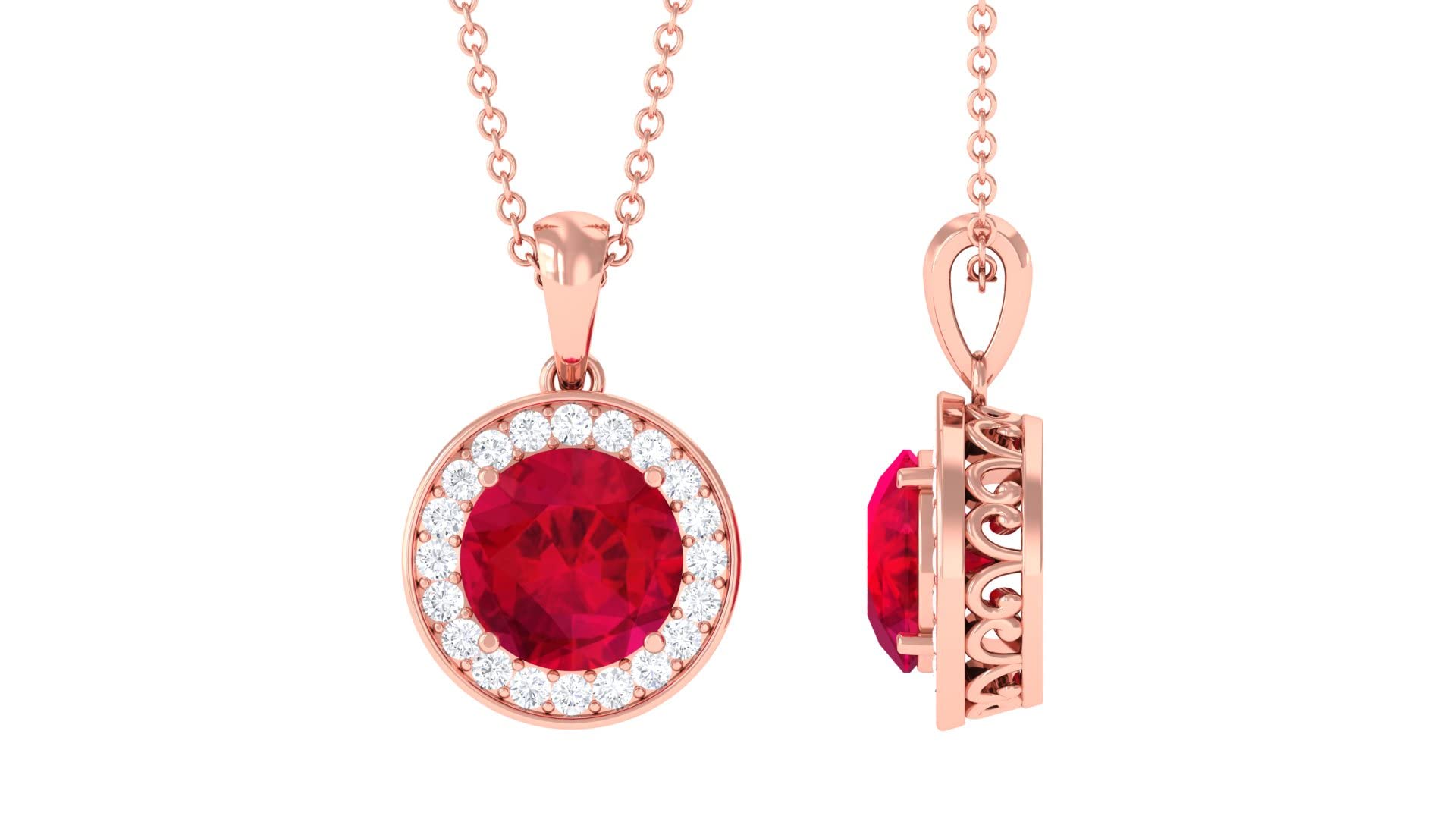 2.75 CT Lab Created Ruby Necklace with Zircon Halo - 14K Solid Gold Statement Jewelry for Women, Elegant Gift for Anniversary, Valentine's Day & Special Occasions