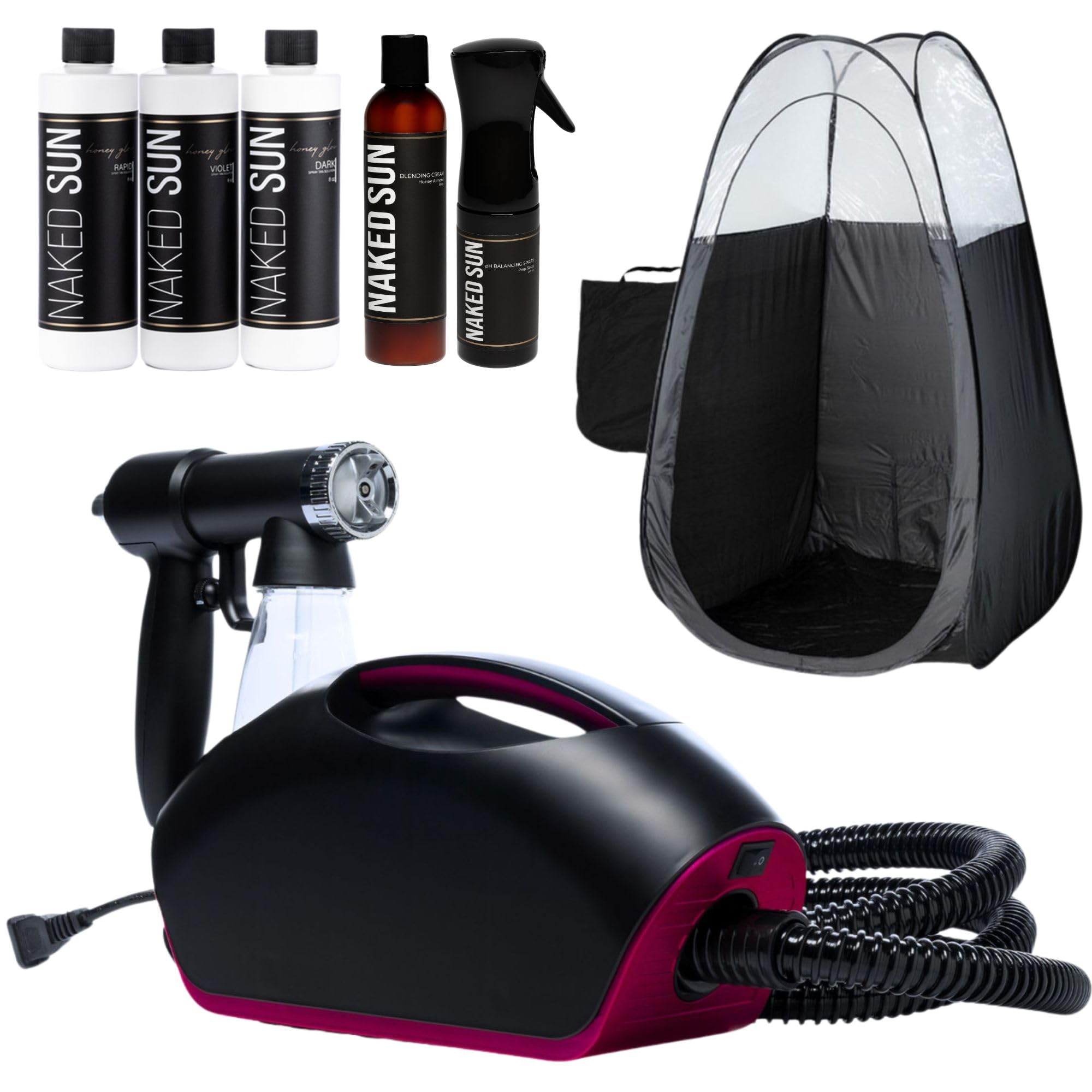 Professional Naked Sun Fascination Spray Tanning Machine Kit with Honey Glow Solution, Barrier Cream, Prep Spray & Tent - Complete 7-Piece Set for Salon & Home Use