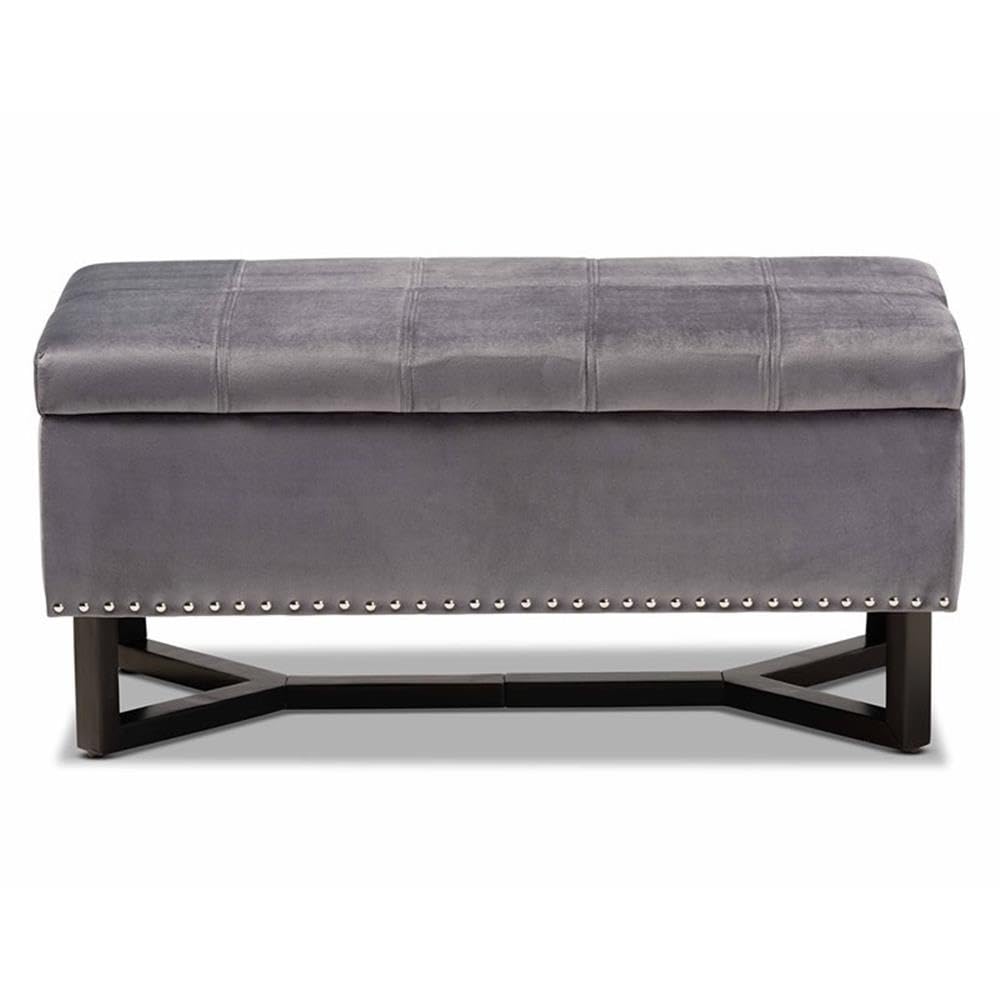 BOWERY HILL Grey Velvet Upholstered Storage Ottoman with Brown Wooden Legs - Perfect for Living Room, Bedroom, or Entryway Organization