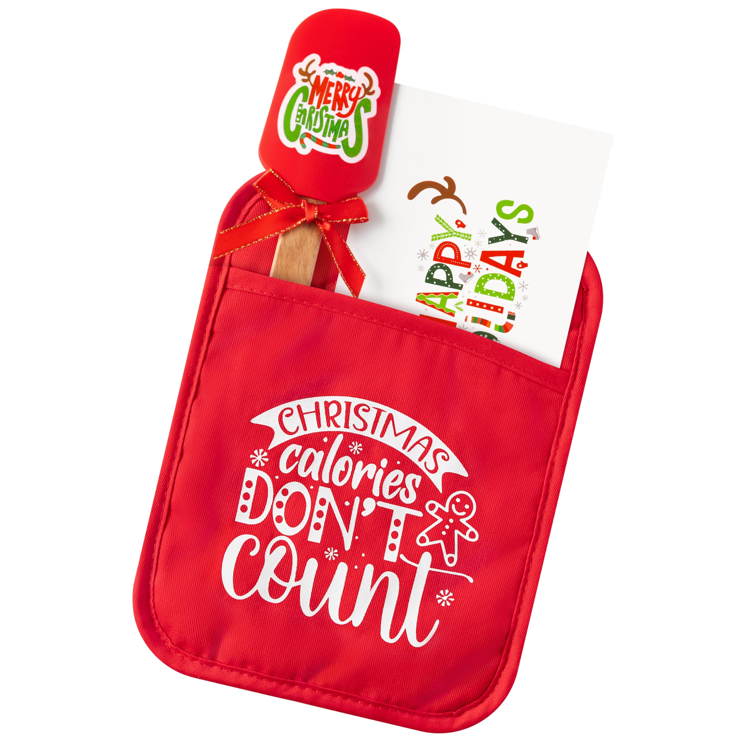 R HORSE 3-Piece Christmas Pot Holder Set with Silicone Spatula & Greeting Card - Funny Heat Resistant Oven Mitts & Hot Pads for Baking, Cooking - Perfect Xmas Kitchen Gift for Family, Friends, Colleagues (Red) - Ideal for Holiday Baking, Cookie Making & Christmas Party Gifts