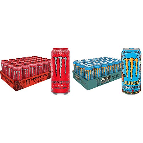 Monster Energy Ultra Red Sugar Free Energy Drink & Juice Monster Mango Loco Energy + Juice - 16oz Cans (24 Pack) - Perfect for Workouts, Gaming, and Late-Night Study Sessions