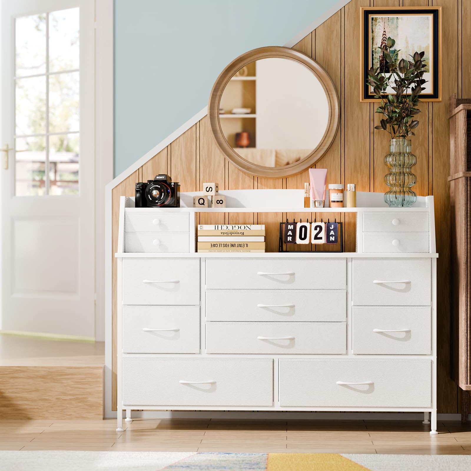 White 13-Drawer Fabric Dresser with PU Finish - Versatile Storage for Bedroom, Nursery, Living Room, Closet & Hallway | Perfect for Kids, Girls & Adults | Space-Saving Organizer for Clothes, Toys & Home Essentials