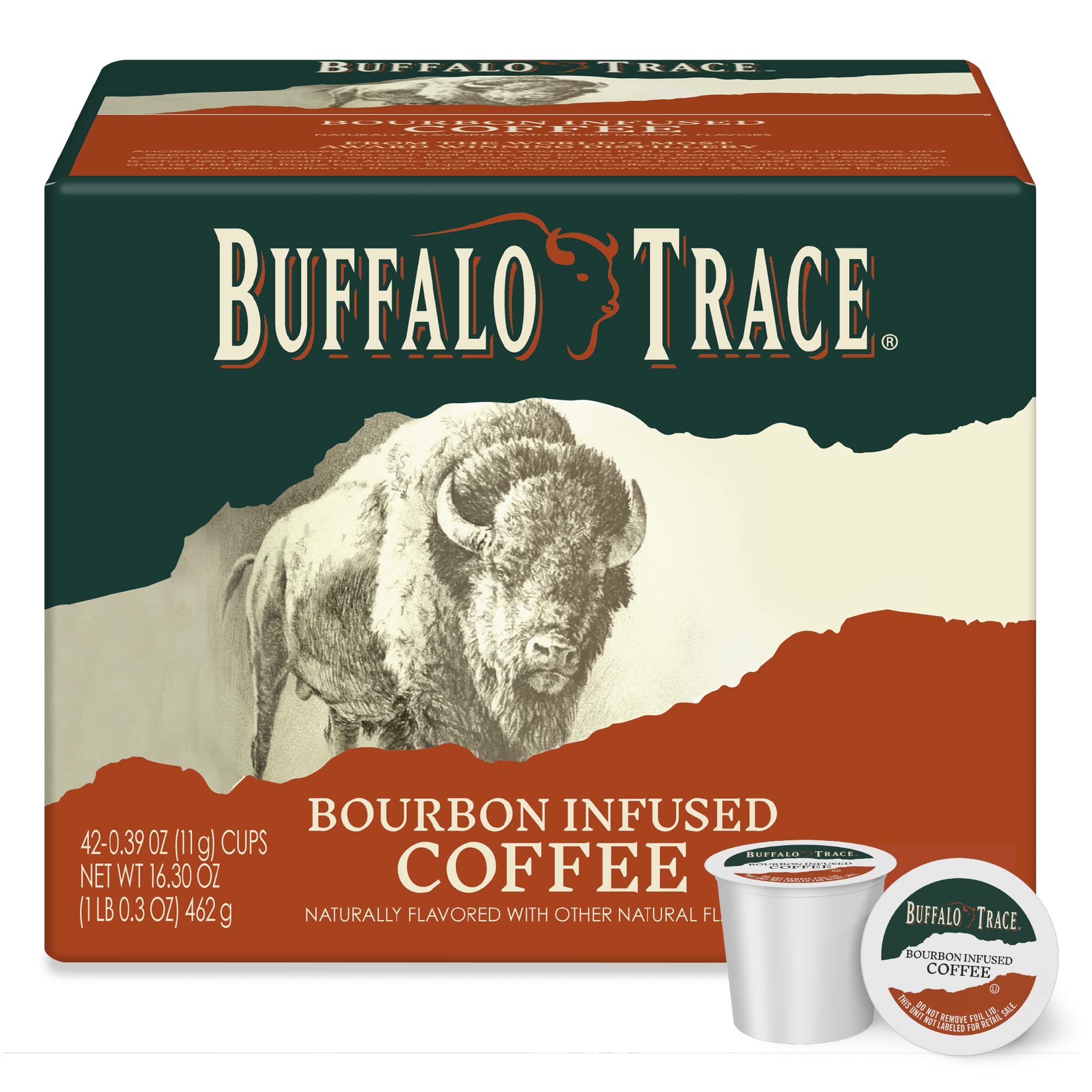Buffalo Trace Bourbon Infused Coffee Pods - 42 Single Serve Cups | Natural Bourbon Flavored Coffee | Perfect for Office, Home Brewing & Gift Giving