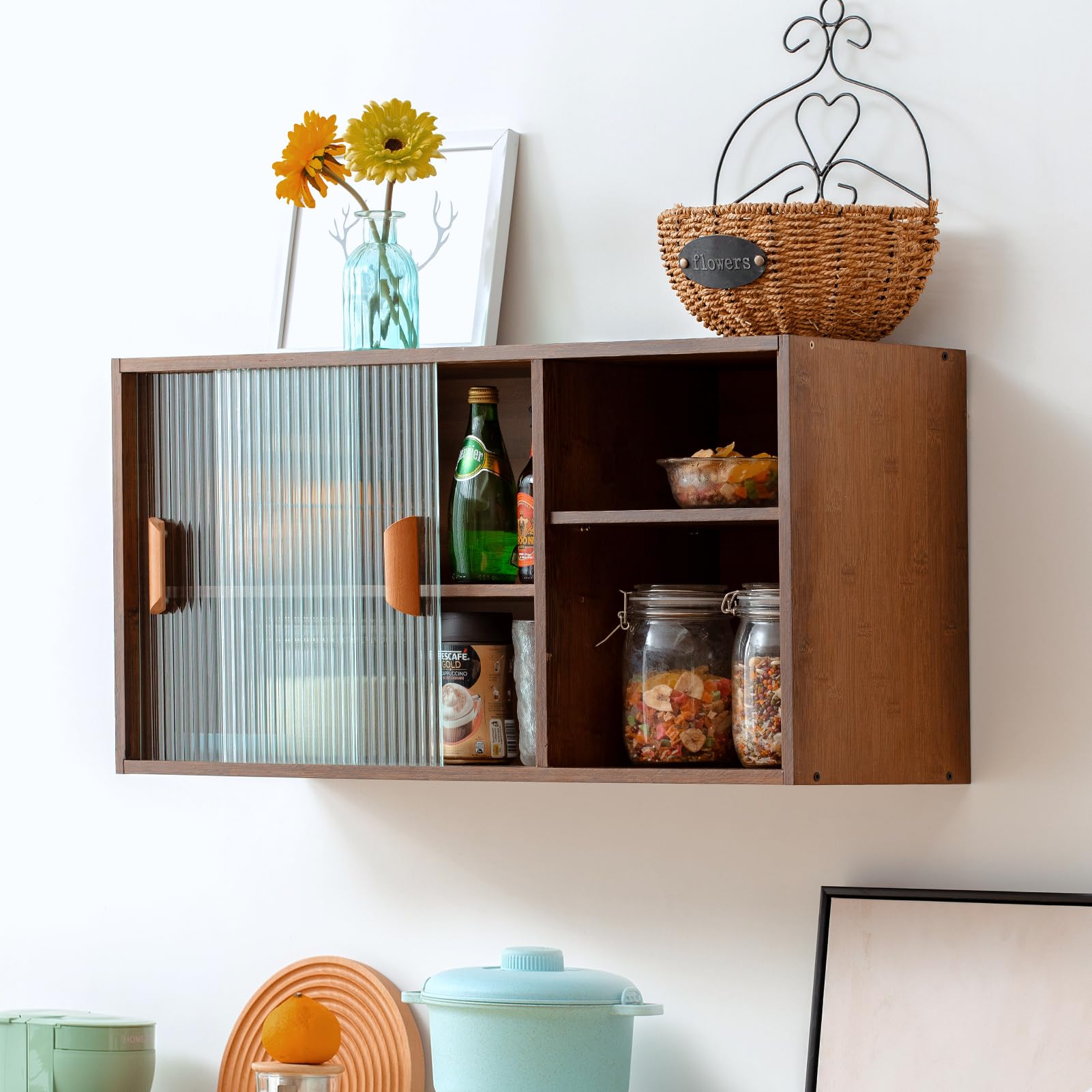 HollyHOME Bamboo Wall Mounted Kitchen Sideboard - 2 Sliding Glass Doors, Freestanding Storage Cabinet with Side Shelf for Bottles, Dishes & Bowls - Walnut Console Dining Cupboard for Small Spaces, Apartments & Modern Kitchens