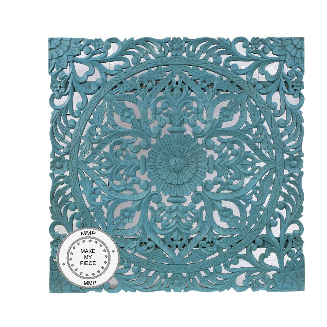 Hand Carved Indian Solid Wood Panel Bedhead in Blue - Traditional Dynasty Design for Bedroom Decor | Perfect for Master Bedroom, Guest Room & Bohemian Style Homes