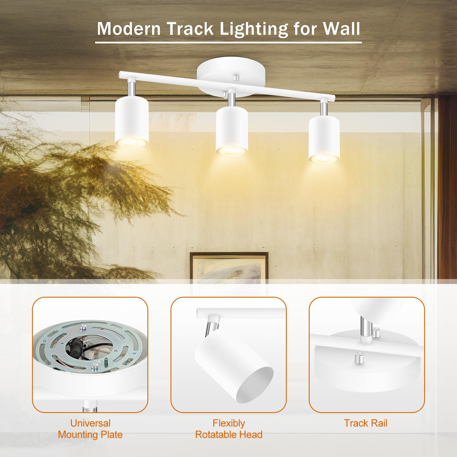 Modern White 3-Light LED Track Lighting Kit - Adjustable Rotating Spotlight Heads for Kitchen, Cabinet, Gallery, Bar & Living Room | Energy Efficient Industrial Ceiling Light Fixture for Home & Commercial Spaces