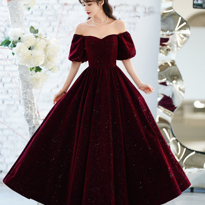 Elegant A-Line Burgundy Velvet Prom Dress - Shiny Formal Evening Gown for Homecoming, Ball & Special Occasions | Women's Party Dress 546