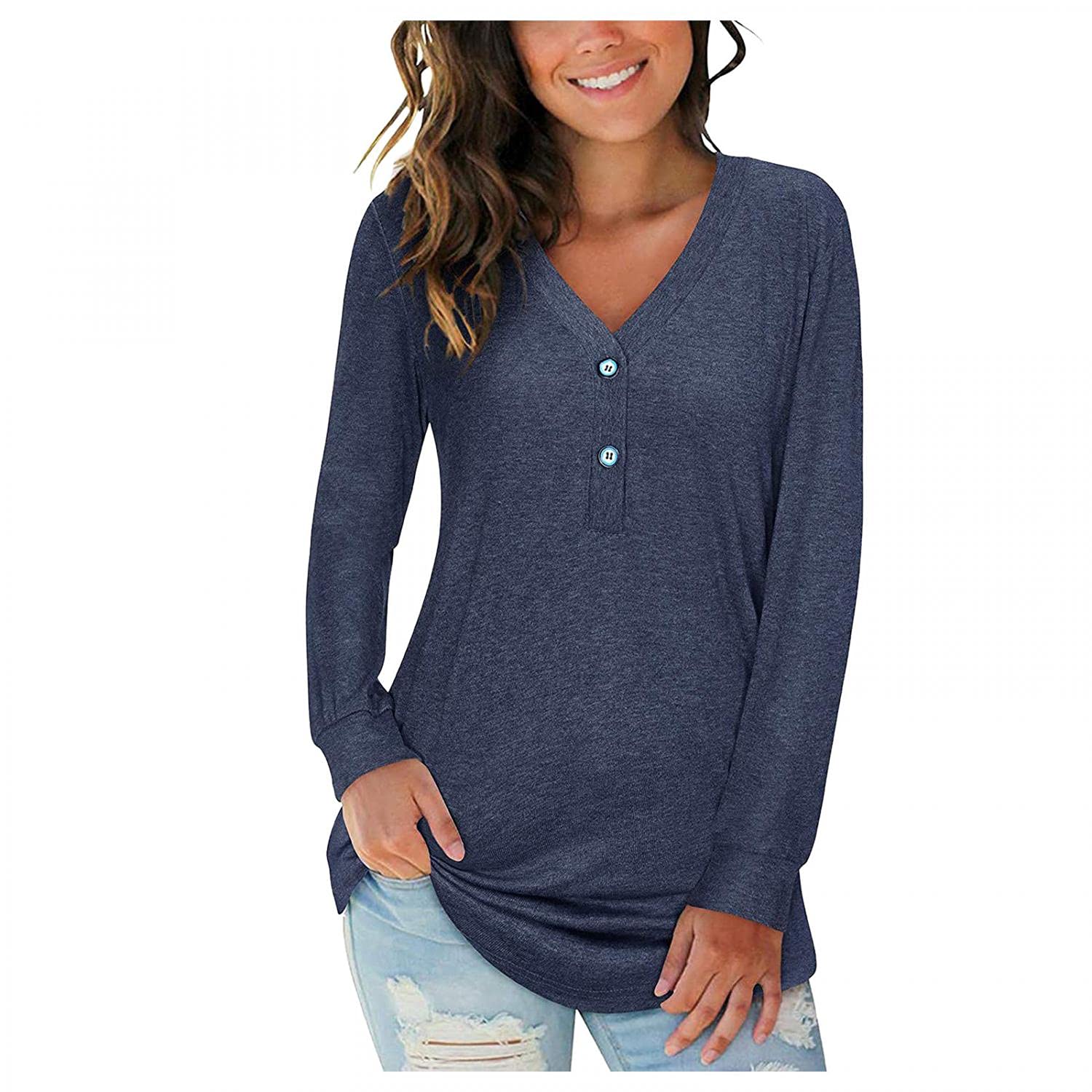 Women's Long Sleeve V-Neck Button Down Shirt - Casual Tunic Sweatshirt in Solid Colors | Perfect for Work, Date Night & Everyday Wear