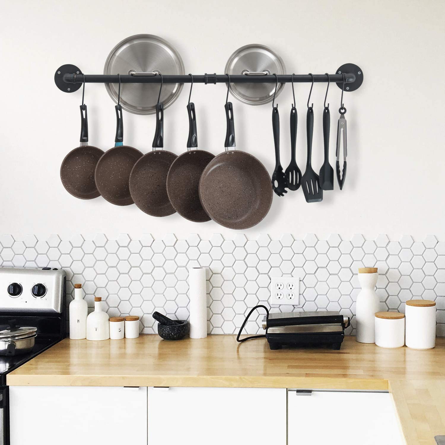Melody House 47.2 Inch Industrial Pipe Kitchen Rail Rack with 10 S Hooks - Wall Mounted Detachable Utensil Holder for Pots, Pans & Cooking Tools - Perfect for Small Kitchens & Organized Cooking Spaces (Black)
