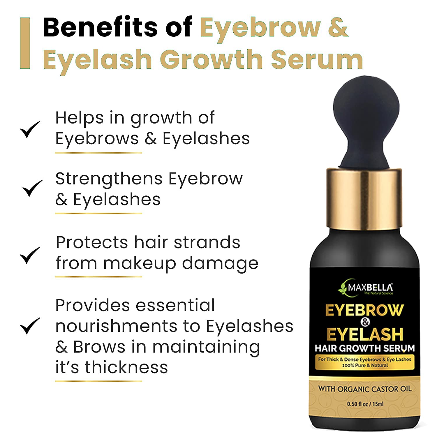 MaxBella® Eyebrow & Eyelash Growth Serum with Castor Oil, Onion Oil & Vitamin E - Natural Formula for Stronger, Fuller, Thicker Lashes & Brows | 15ml | Perfect for Daily Use & Nighttime Routine