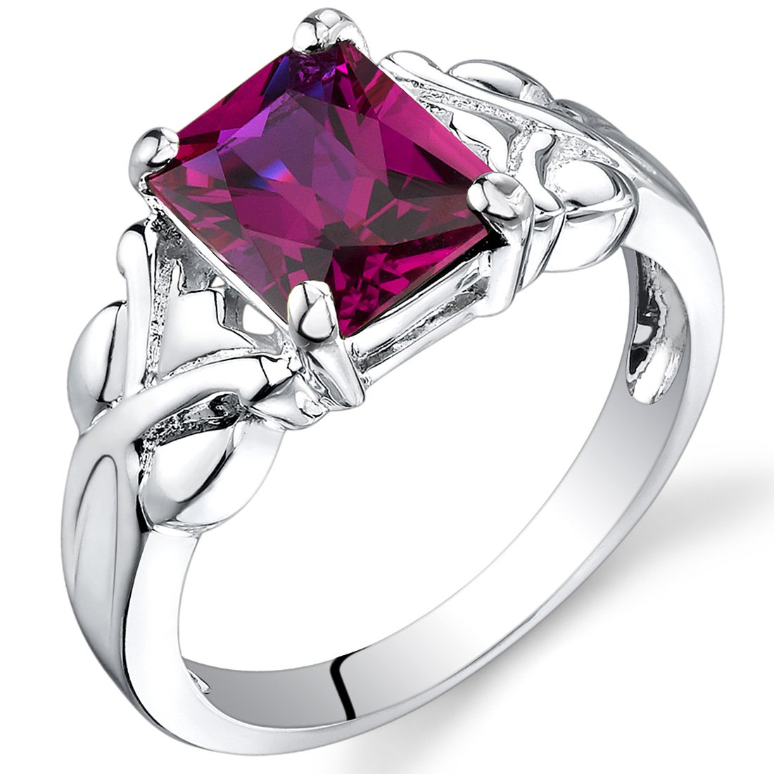 Peora Sterling Silver Criss-Cross Solitaire Ruby Ring - 9x7mm Radiant Cut, 3 Carats Total, Comfort Fit (Sizes 5-9) - Perfect for Anniversary Gifts, Valentine's Day & Special Occasions