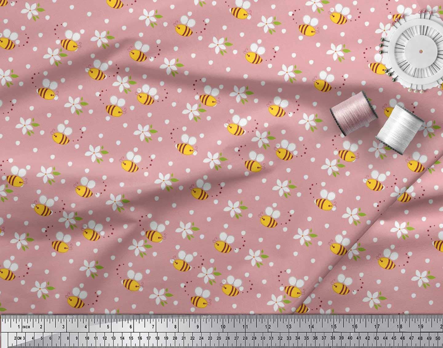Soimoi Pink Georgette Fabric - Floral Honey Bee Print - for Dresses & Scarves