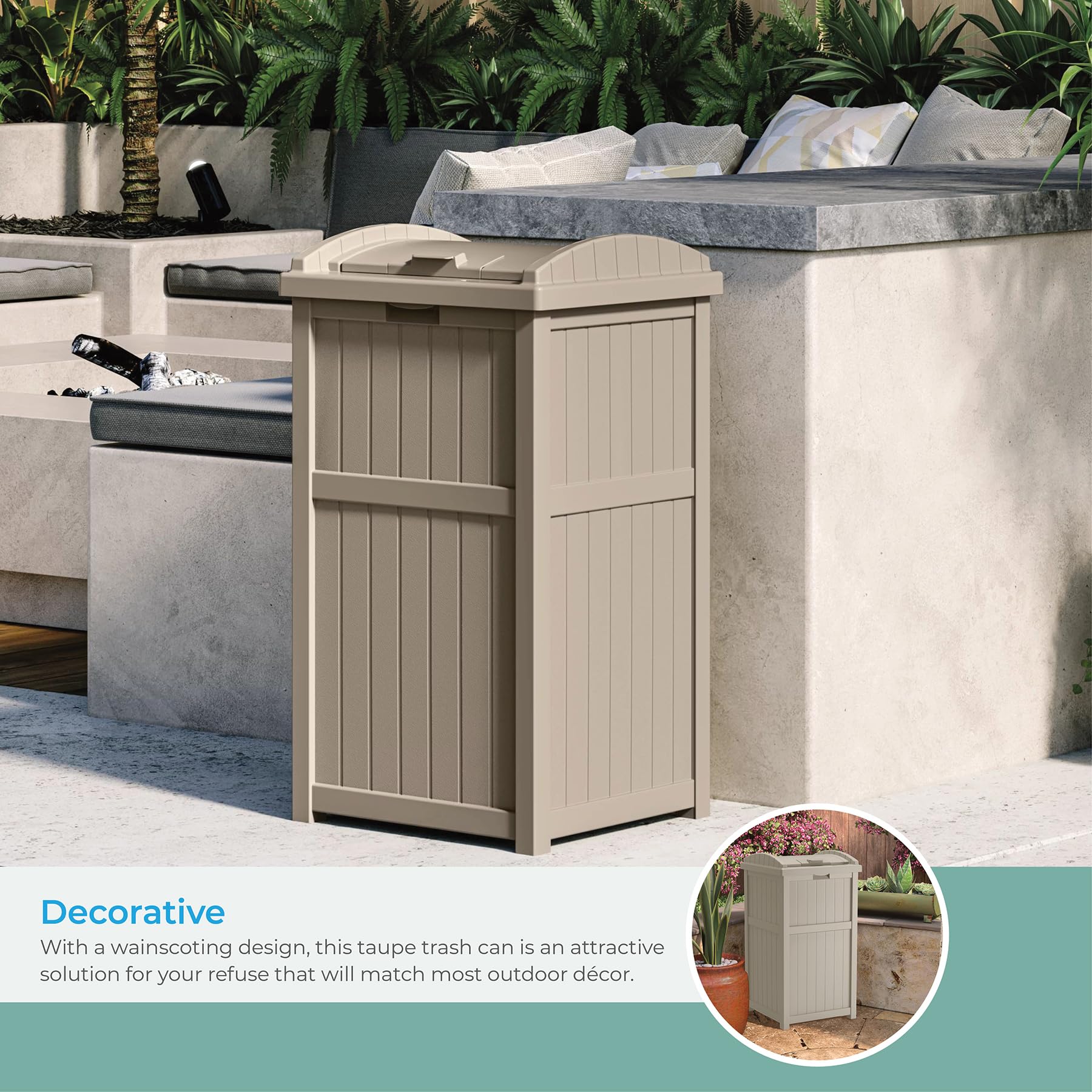 Suncast 33 Gallon Hideaway Resin Outdoor Trash Can with Lid - Durable Taupe Patio & Deck Waste Bin for Backyard, Garden, Poolside & Outdoor Spaces