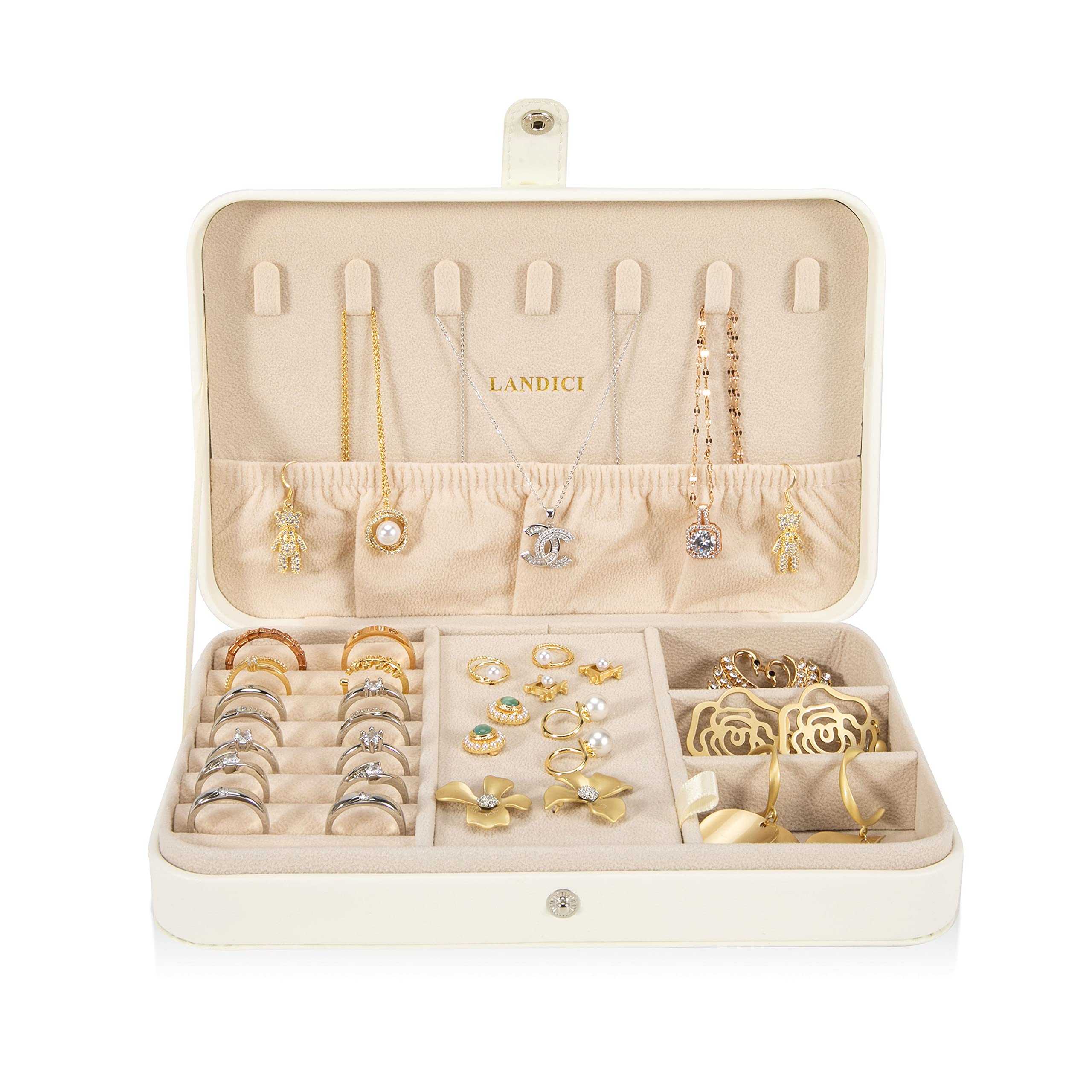 LANDICI Small Jewelry Box for Women & Girls - PU Leather Travel Jewelry Organizer Case with Storage Compartments for Rings, Earrings, Necklaces & Bracelets - Perfect Gift for Her, Kids & Men - Portable Jewelry Display Holder for Travel, Home & Office - White