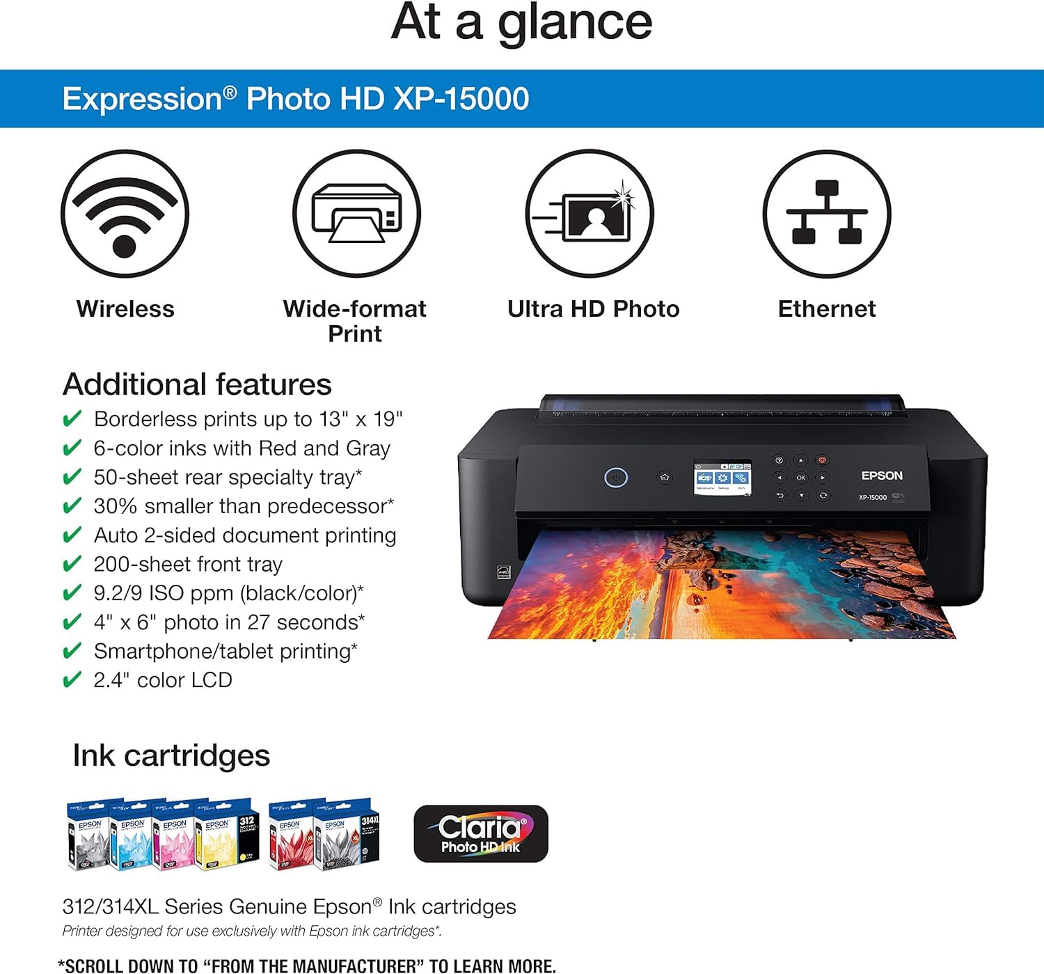 Epson Expression Photo HD XP-15000 Wireless Wide-Format Color Printer with MTC Cable - High-Quality Photo Printing for Home & Office, Compatible with Amazon Dash Replenishment (Black) | Perfect for Photographers, Artists & Small Businesses