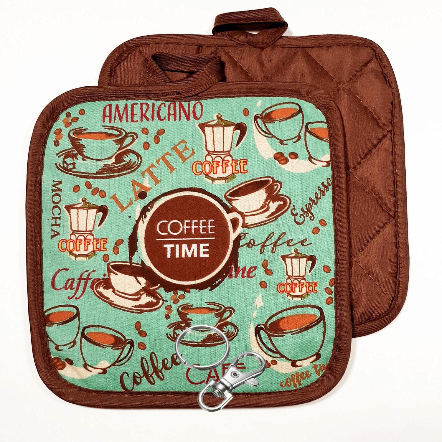 Premium 4-Piece Coffee Time Green & Brown Potholder Set - 7x7 Inch Heat Resistant Hot Pads with Bonus Lobster Clasp & Key Ring - Perfect for Kitchen, BBQ, and Gift Giving