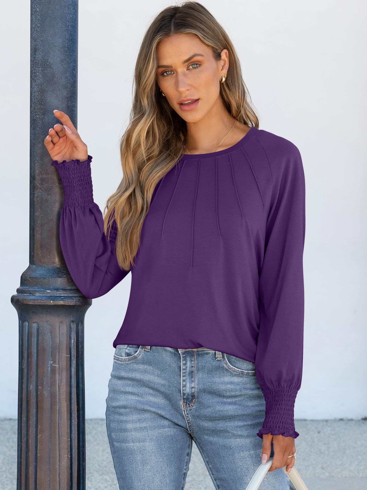 ANRABESS Women's Long Sleeve Pleated Blouse - Trendy Crewneck Loose T-Shirt Top for Fall 2024 | Casual & Dressy Style for Office, Date Night & Everyday Wear