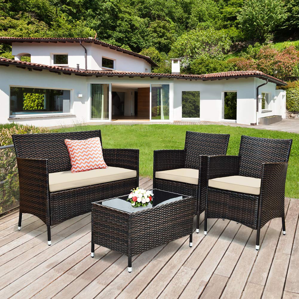 4-Piece Outdoor Patio Furniture Set - All-Weather Wicker Sectional Sofa with Rattan Chairs & Glass Coffee Table - Perfect for Backyard, Porch, Poolside, Balcony & Garden Relaxation
