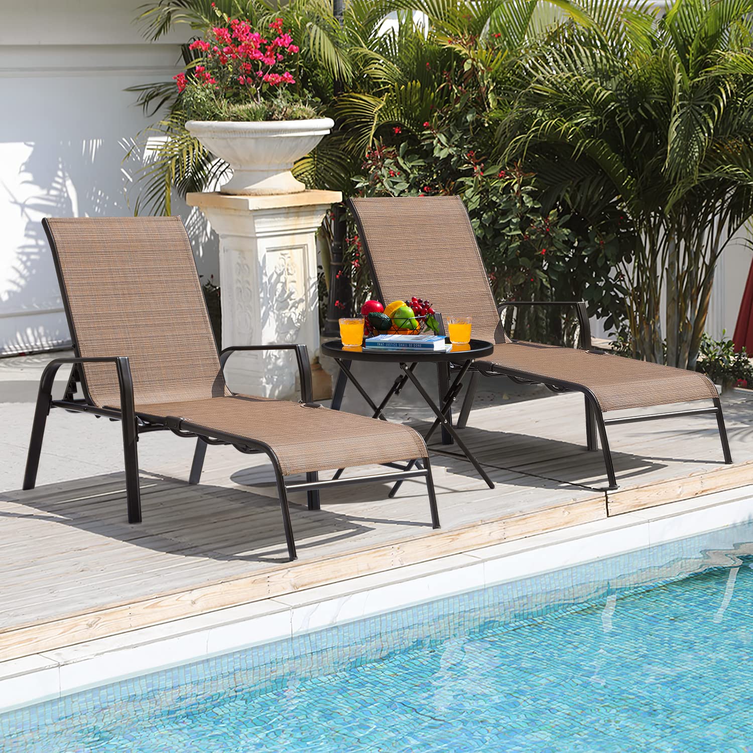 GUNJI 3-Piece Outdoor Patio Chaise Lounge Set - Adjustable Textilene Folding Pool Chairs with Tempered Glass Table (Brown) | Perfect for Backyard, Poolside, and Garden Relaxation