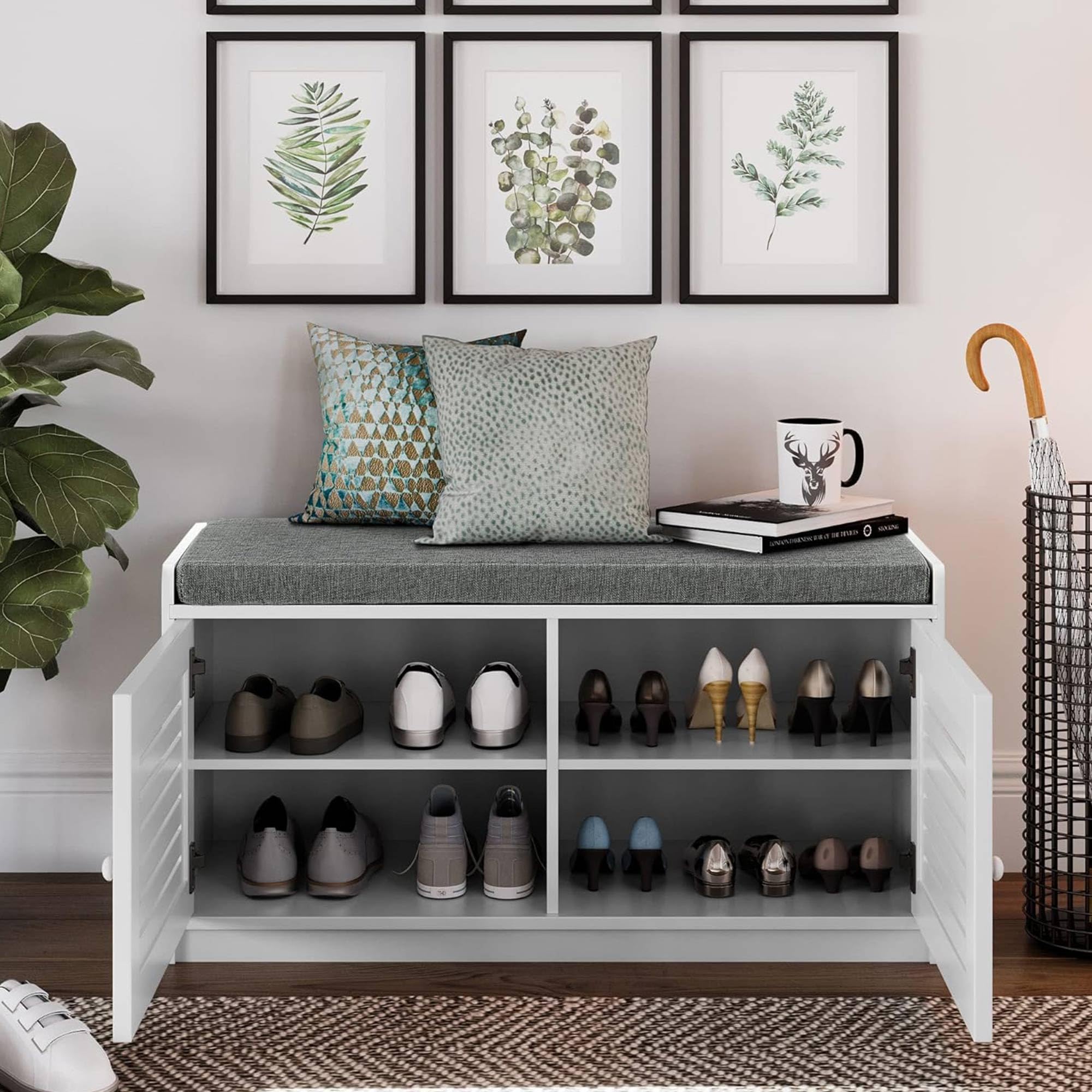 White Wooden Shoe Storage Bench with Cushioned Seat & Adjustable Shelves - 2 Pack Entryway Organizer for Living Room, Bedroom, Hallway (Perfect for Small Space Organization & Shoe Display)